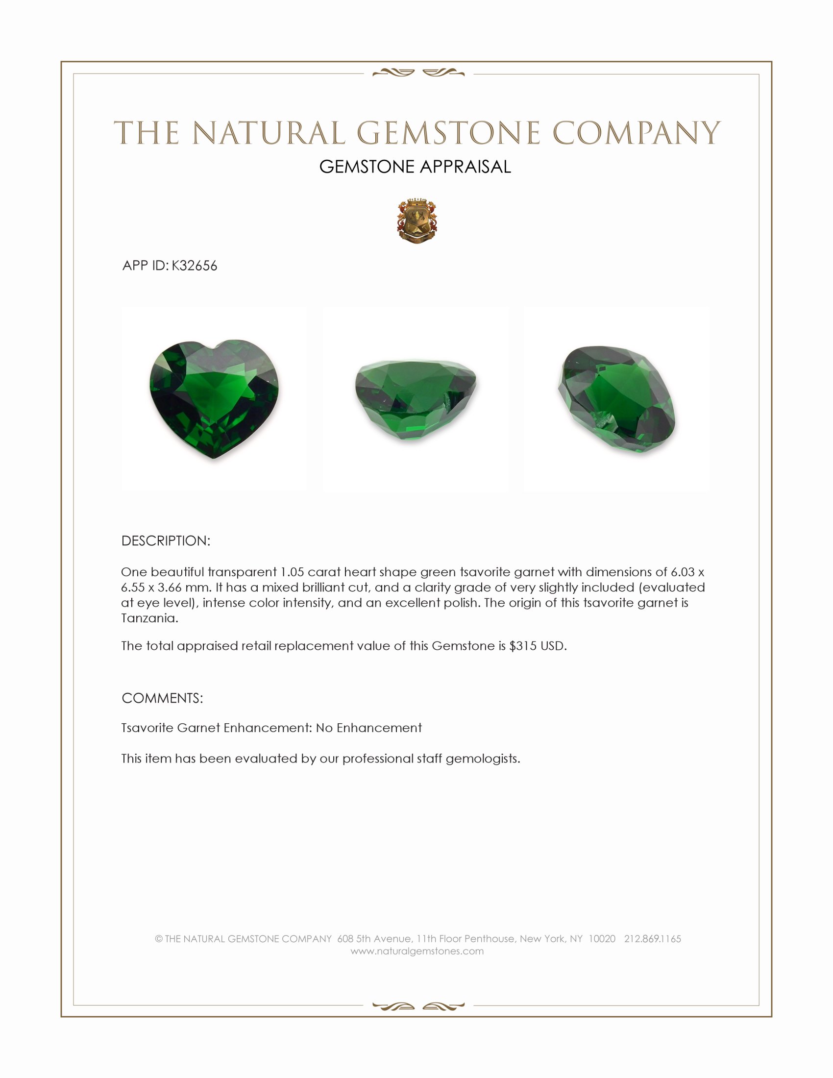1.05 Ct. Tsavorite Garnet from Tanzania