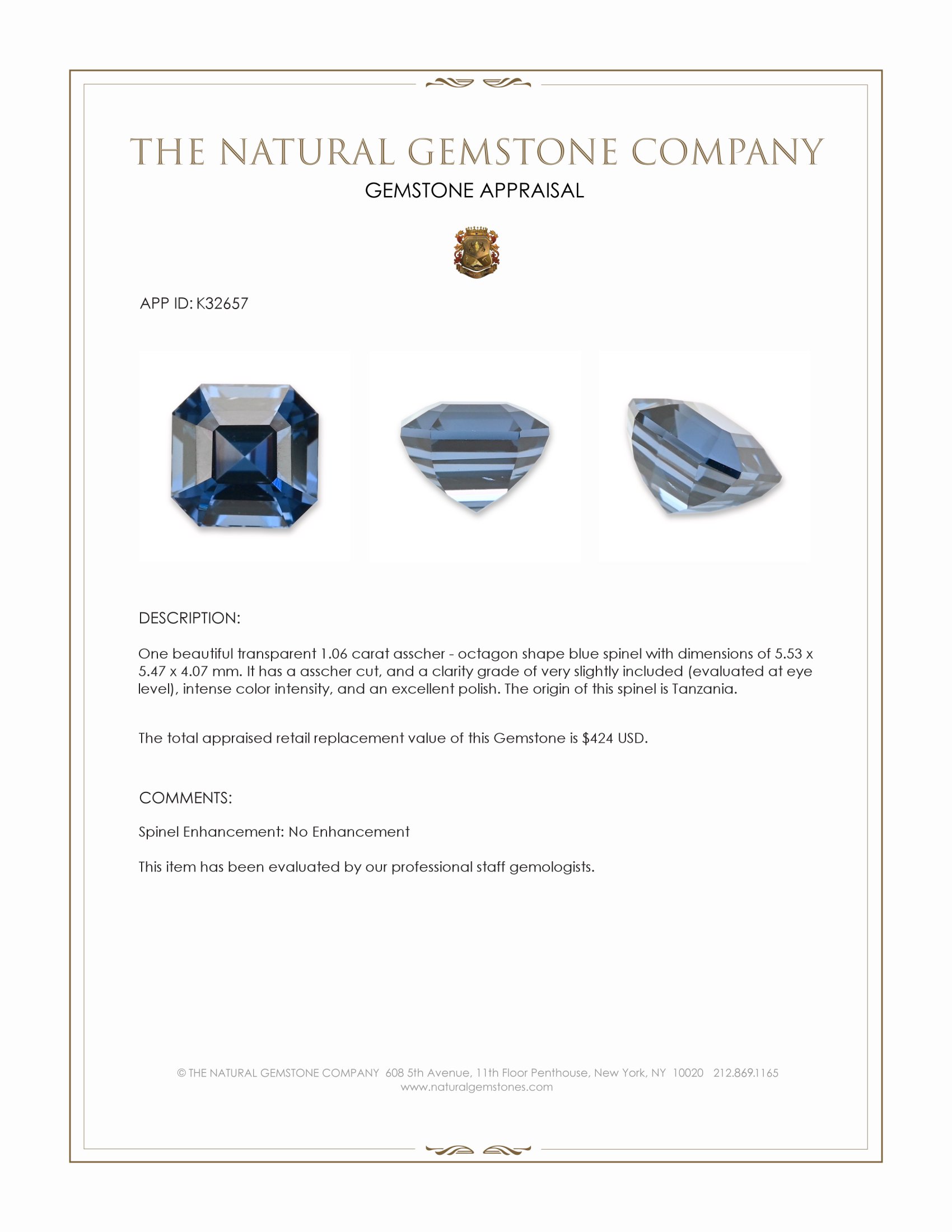 1.06 Ct. Blue Spinel from Tanzania