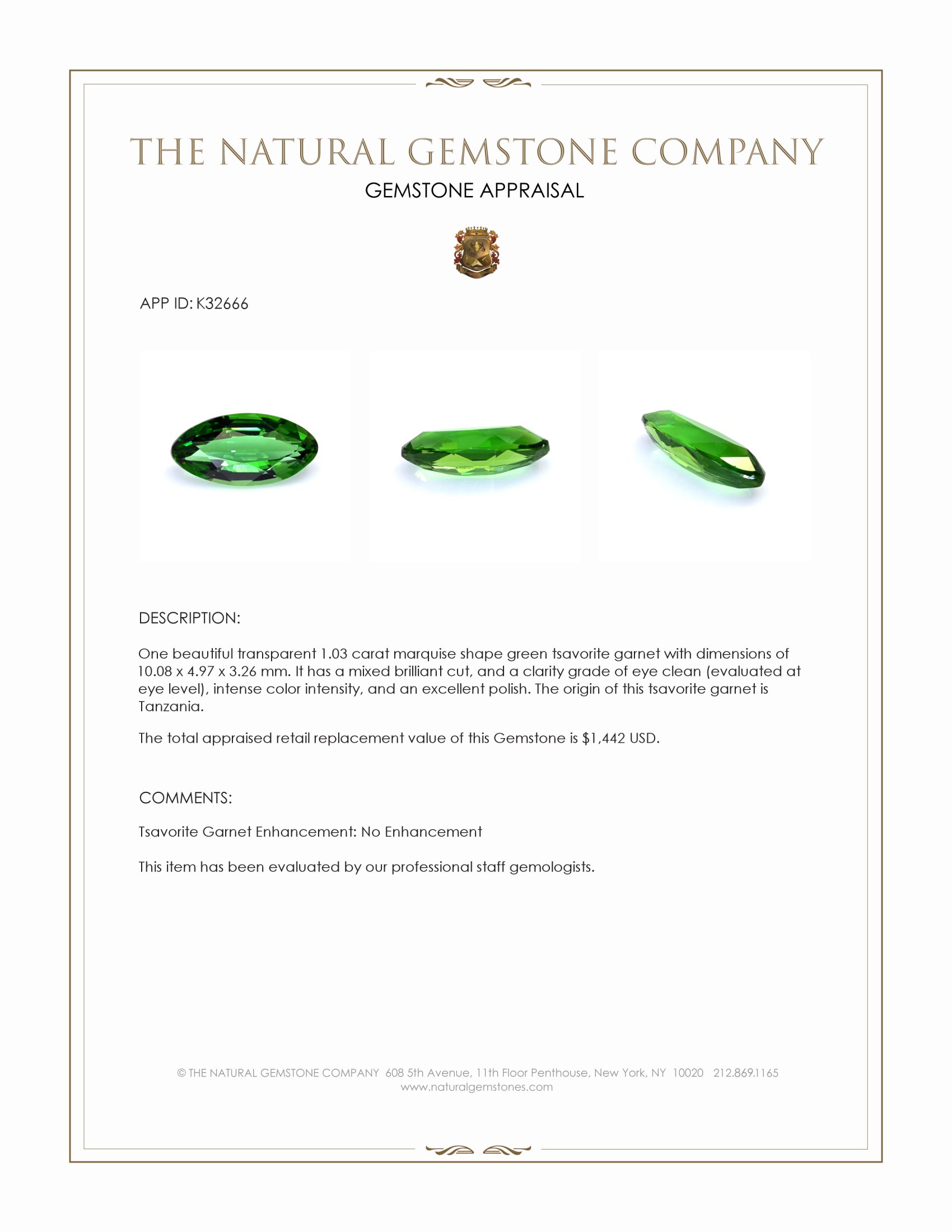 1.03 Ct. Tsavorite Garnet from Tanzania