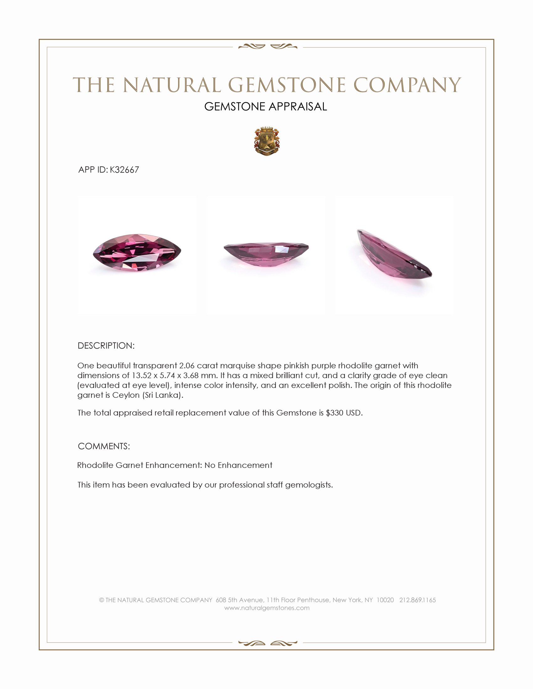 2.06 Ct. Pinkish Purple Rhodolite Garnet from Ceylon (Sri Lanka)