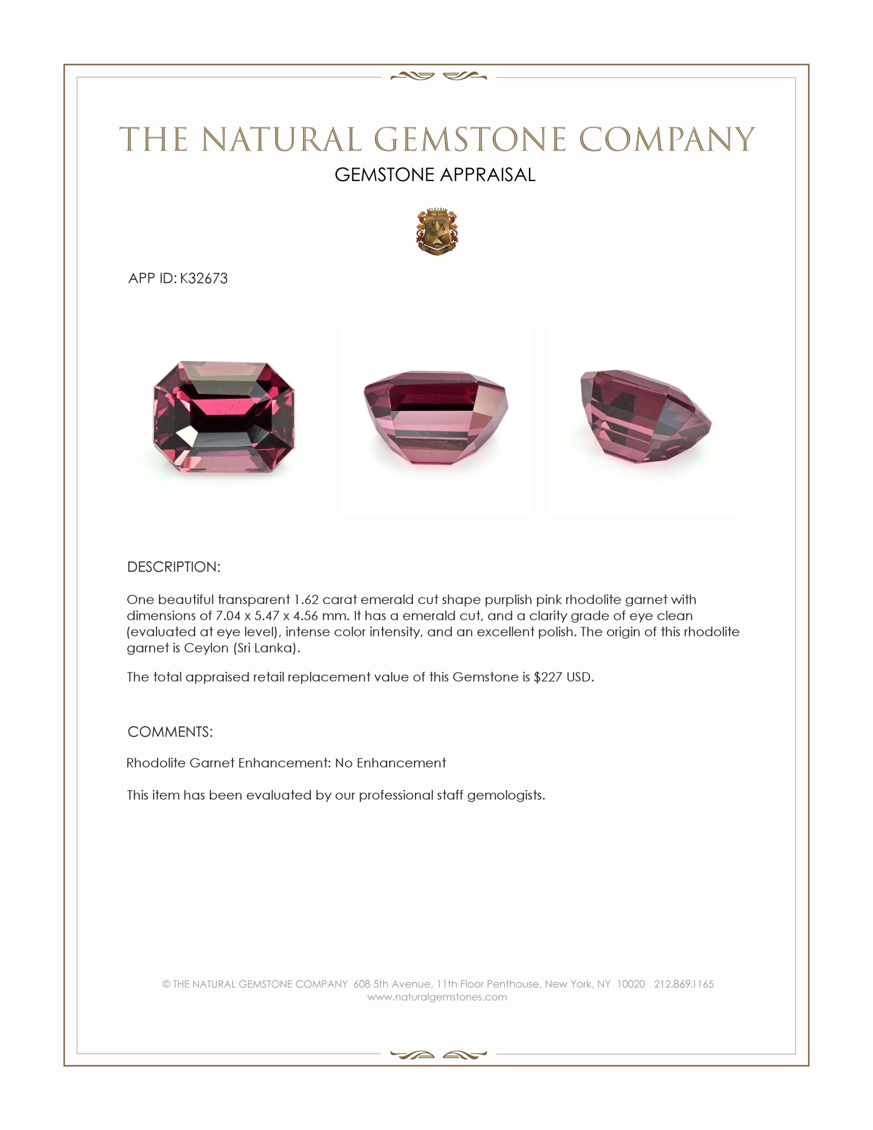 1.62 Ct. Purplish Pink Rhodolite Garnet from Ceylon (Sri Lanka)