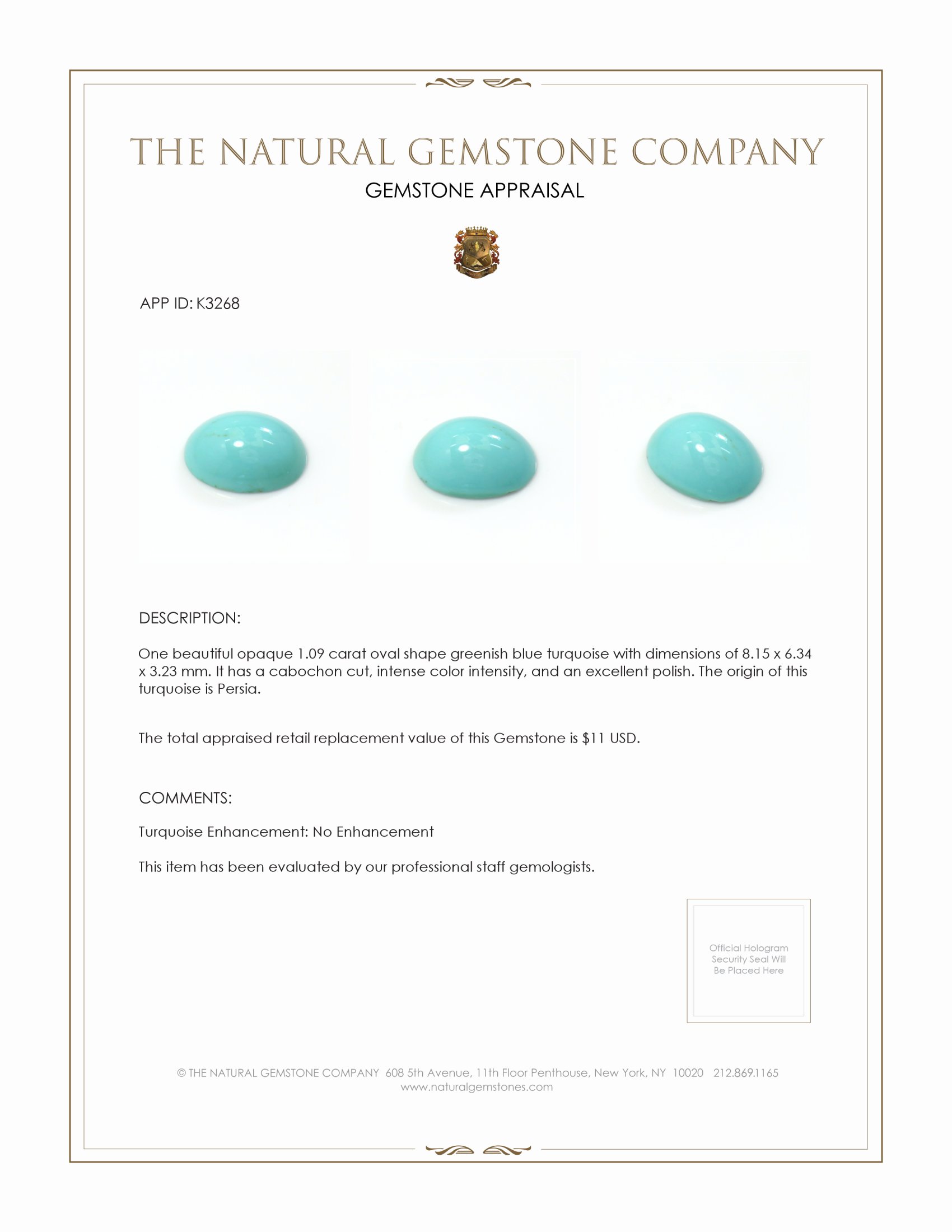 1.09 Ct. Cabochon Turquoise from Persia