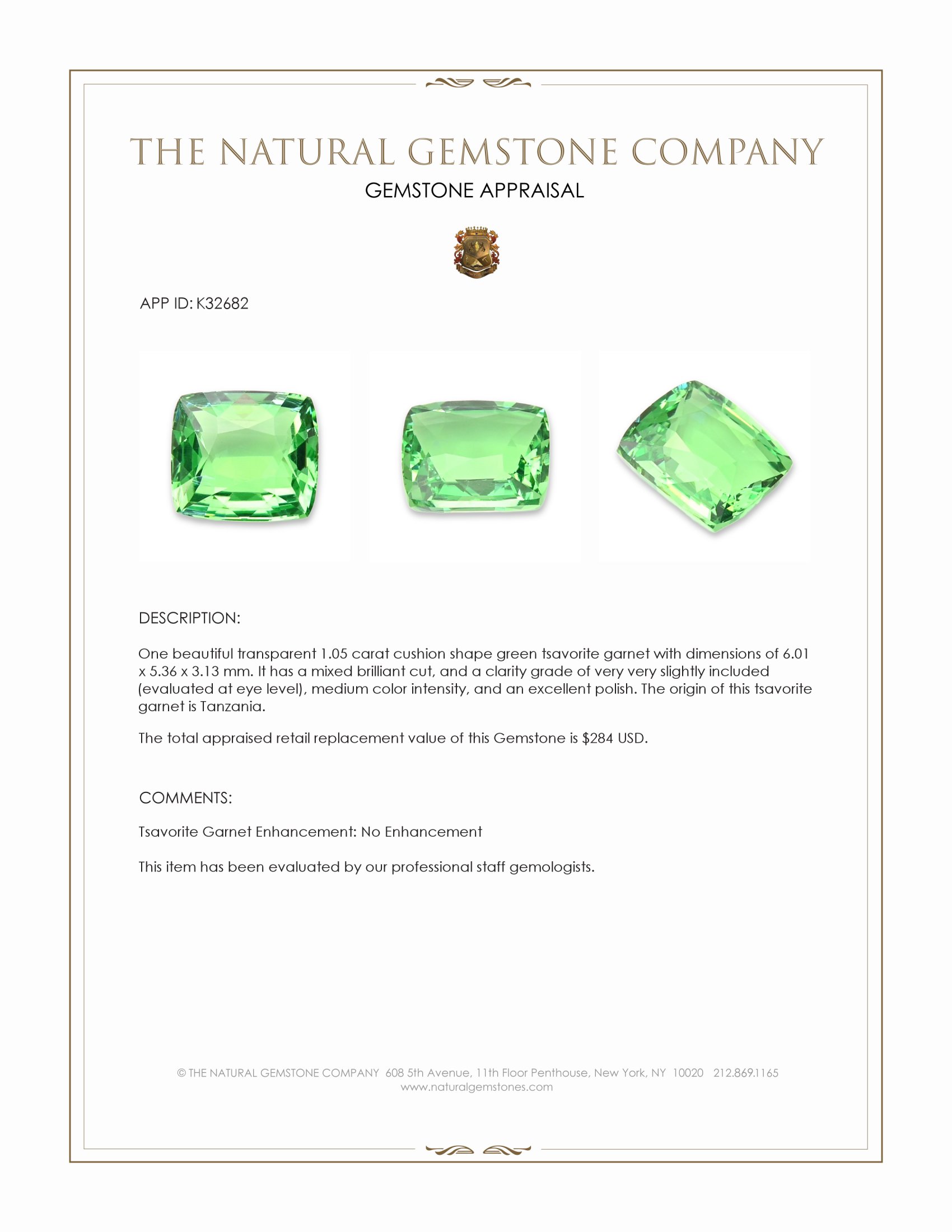 1.05 Ct. Tsavorite Garnet from Tanzania