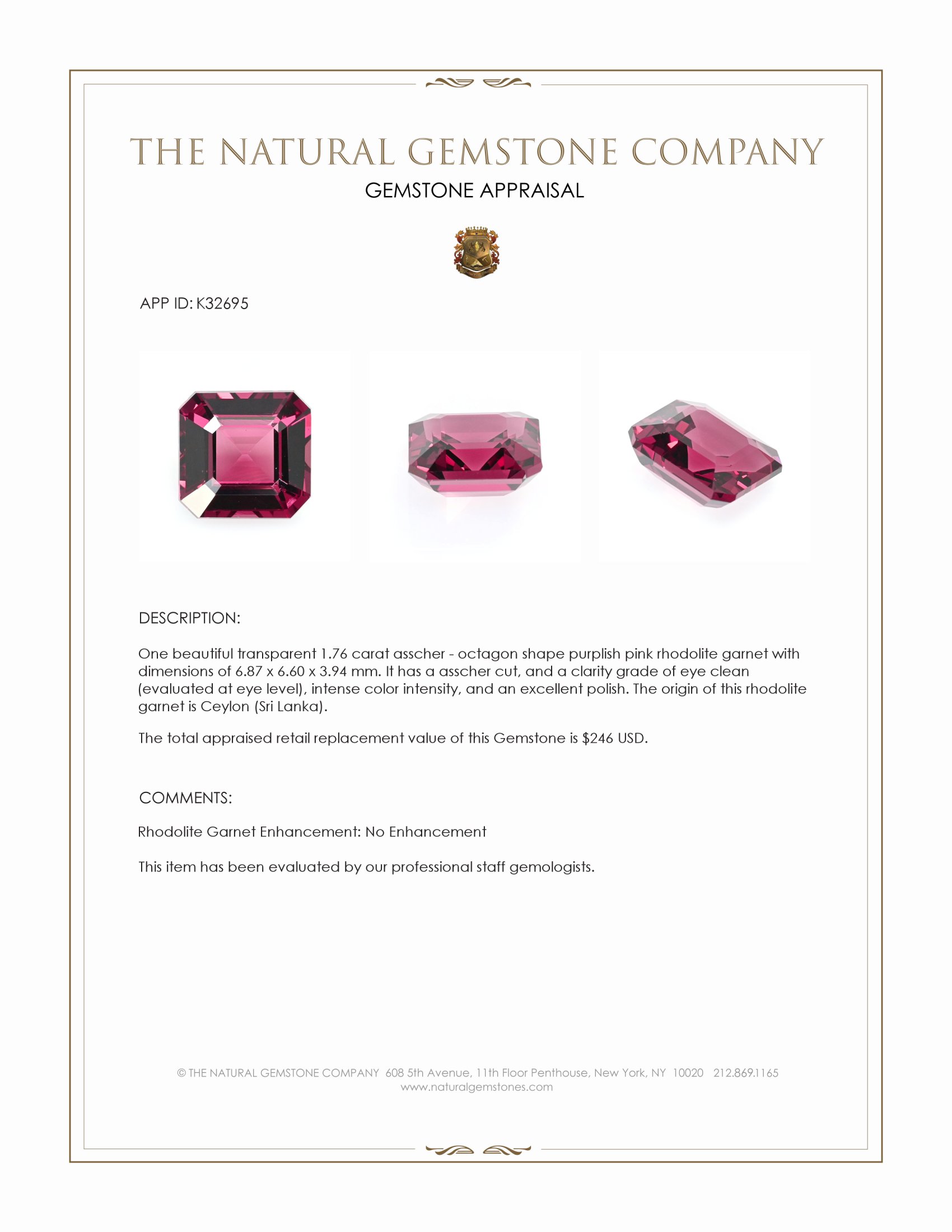 1.76 Ct. Purplish Pink Rhodolite Garnet from Ceylon (Sri Lanka)