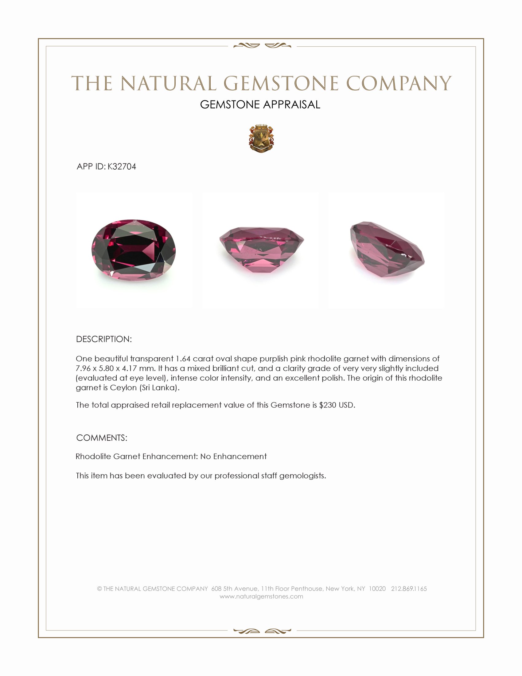 1.64 Ct. Purplish Pink Rhodolite Garnet from Ceylon (Sri Lanka)