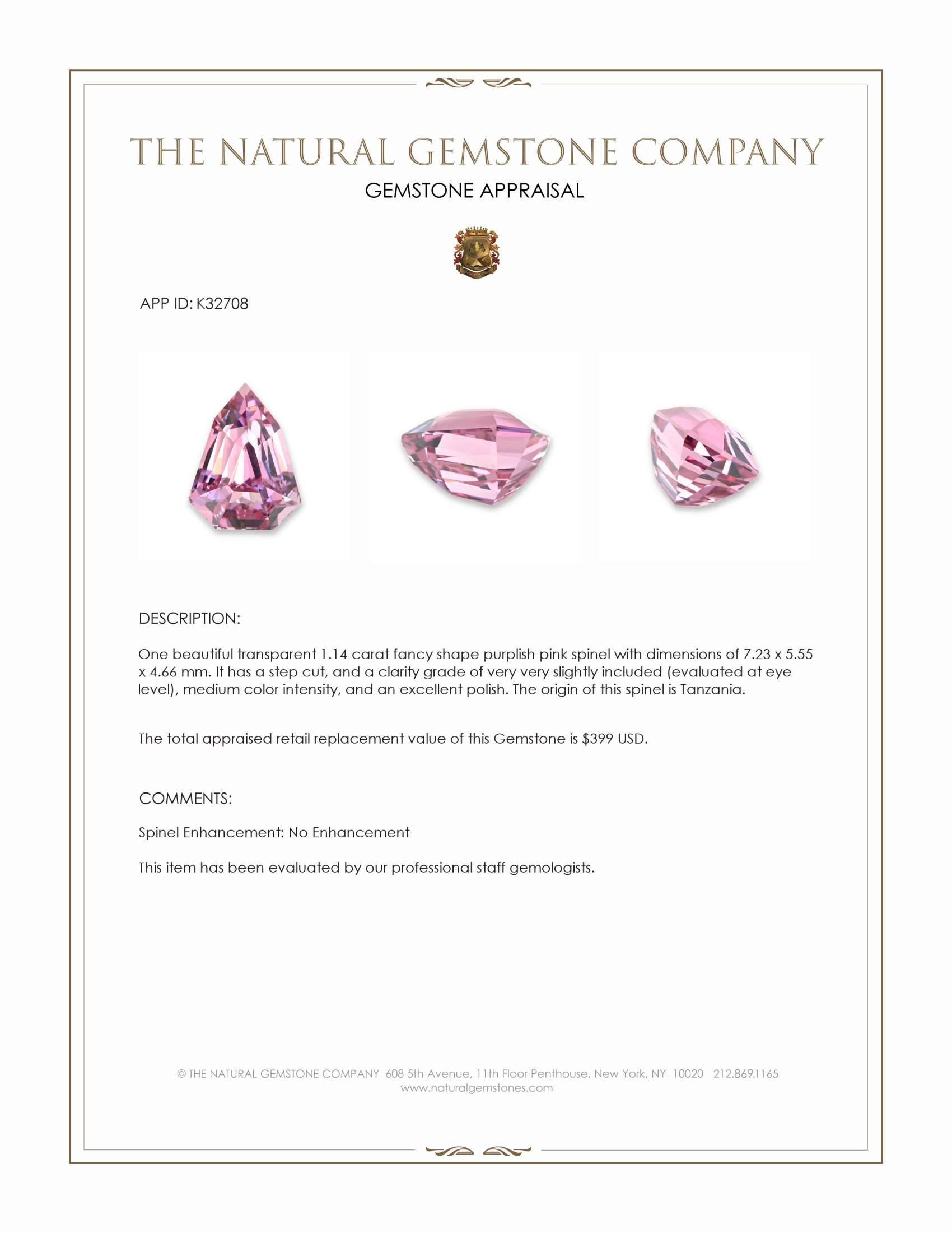 1.14 Ct. Purplish Pink Spinel from Tanzania