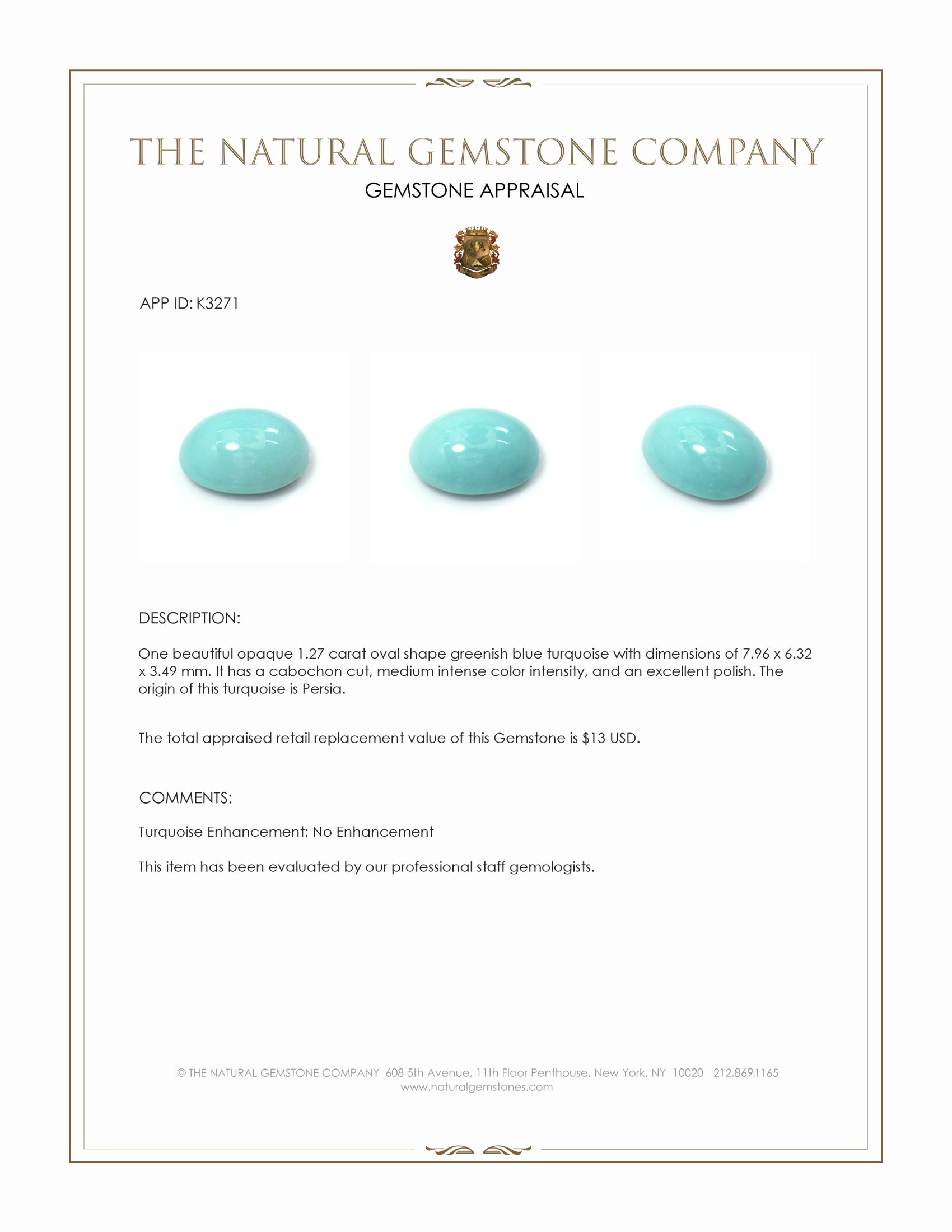 1.27 Ct. Cabochon Turquoise from Persia