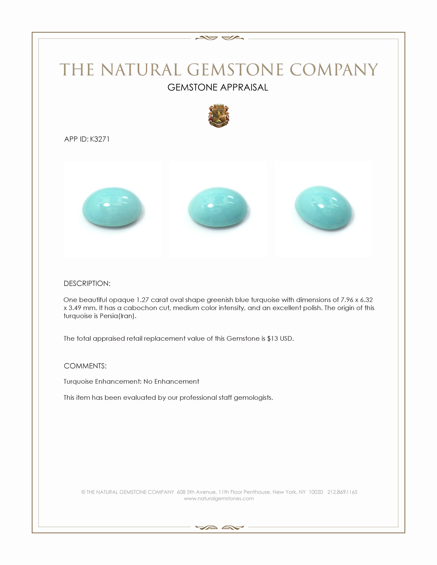 1.27 Ct. Cabochon Turquoise from Persia(Iran)