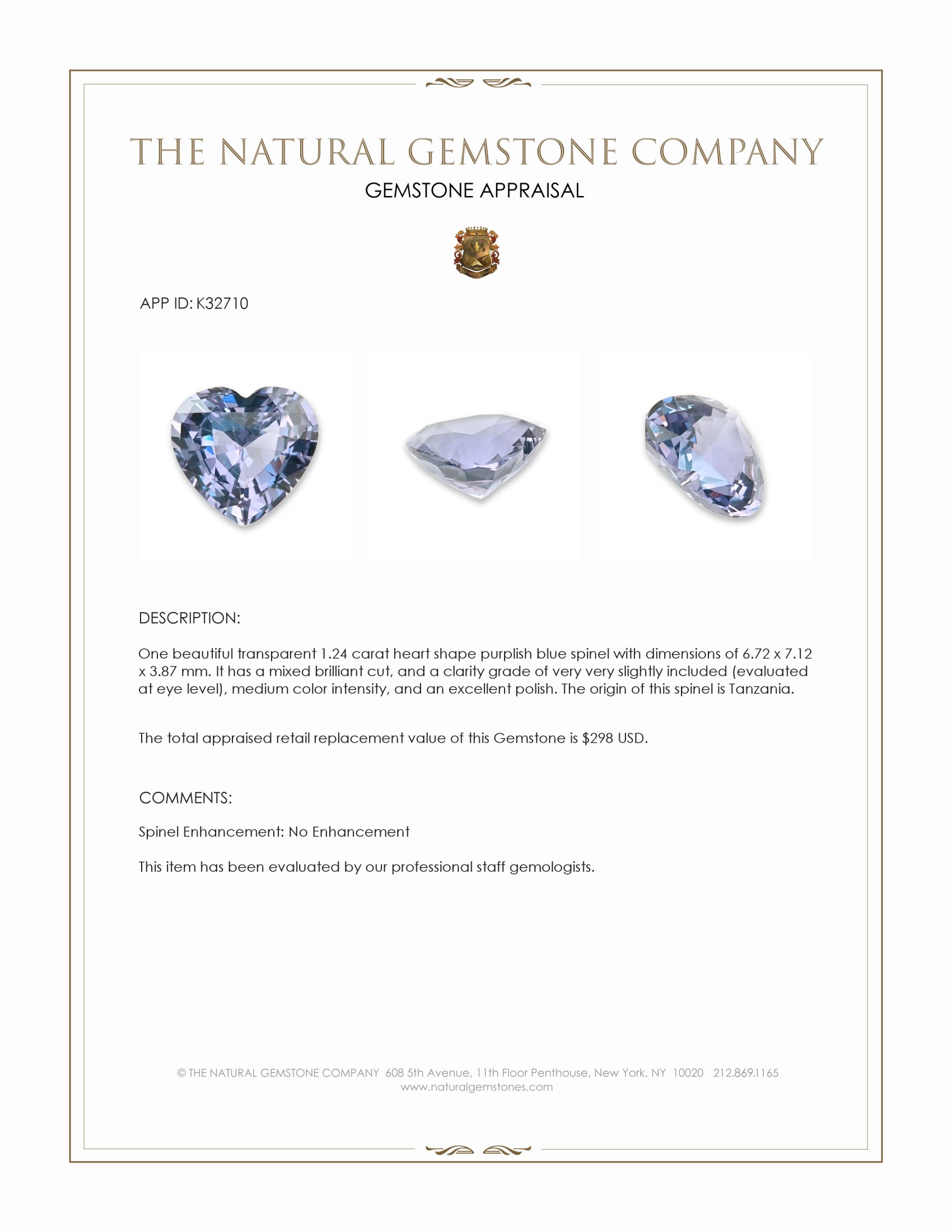 1.24 Ct. Purplish Blue Spinel from Tanzania