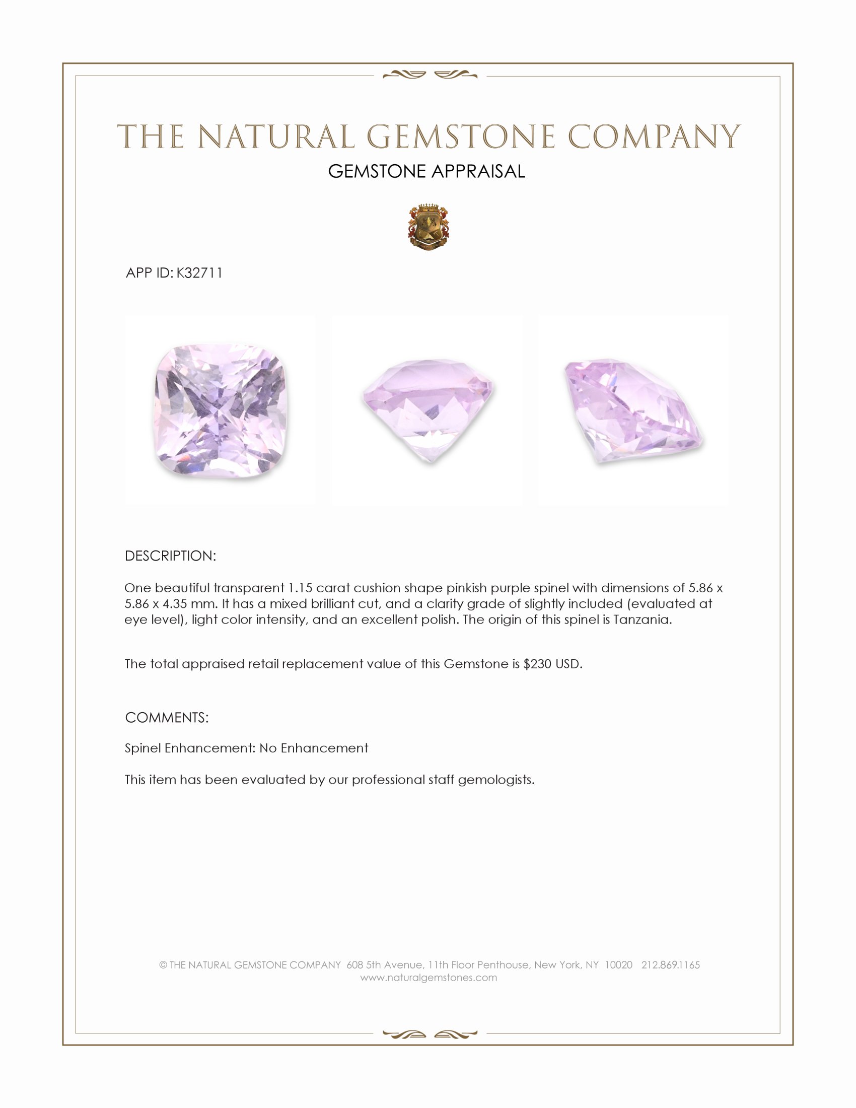 1.15 Ct. Pinkish Purple Spinel from Tanzania