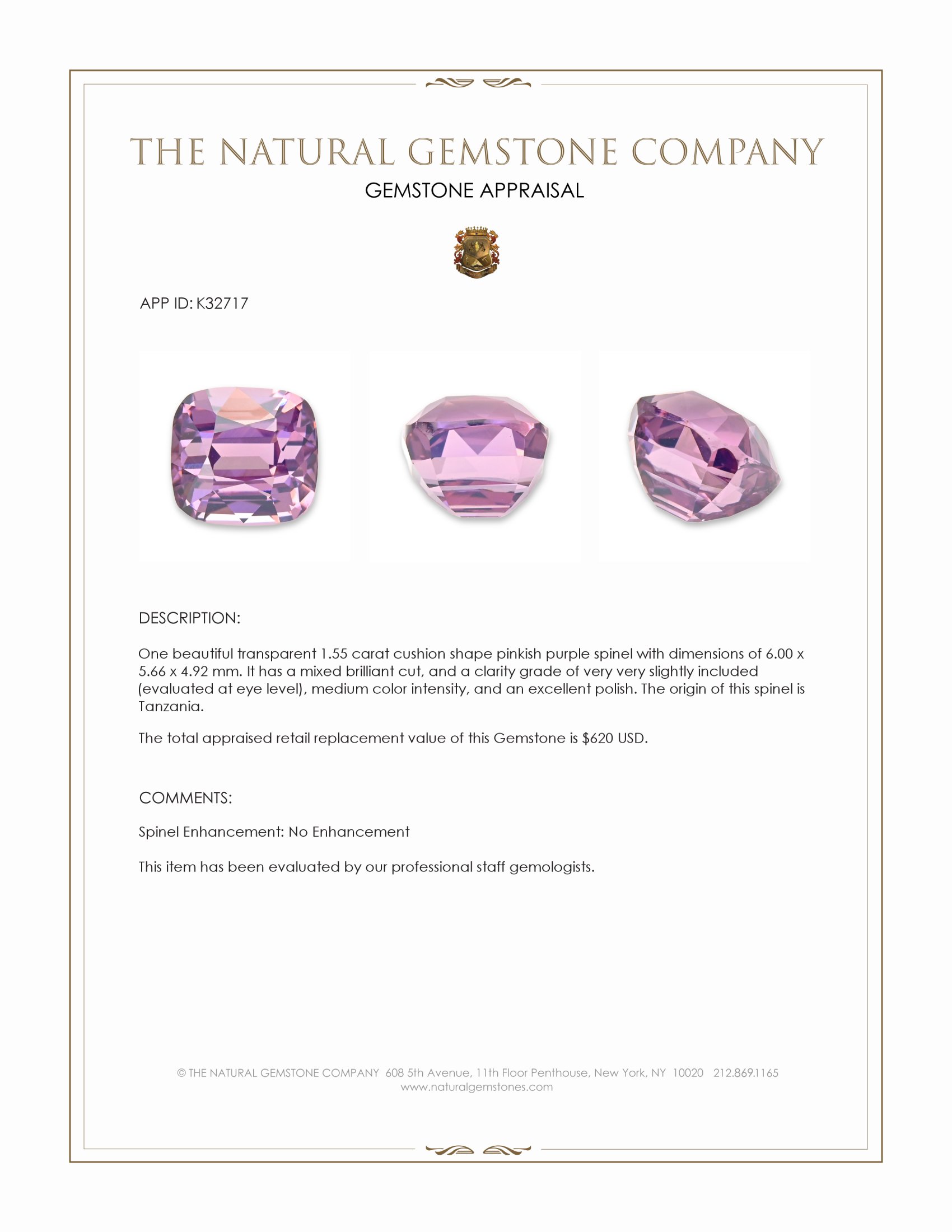 1.55 Ct. Pinkish Purple Spinel from Tanzania