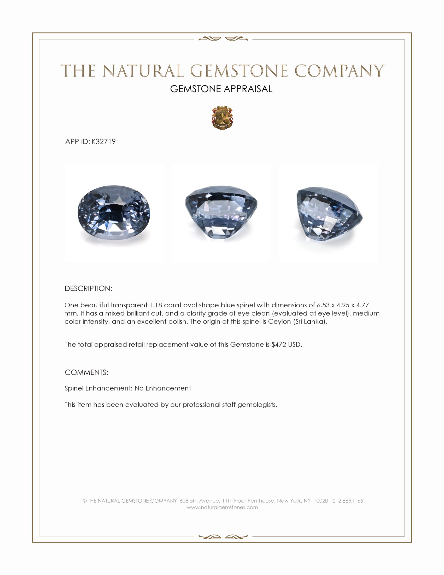 1.18 Ct. Blue Spinel from Ceylon (Sri Lanka)