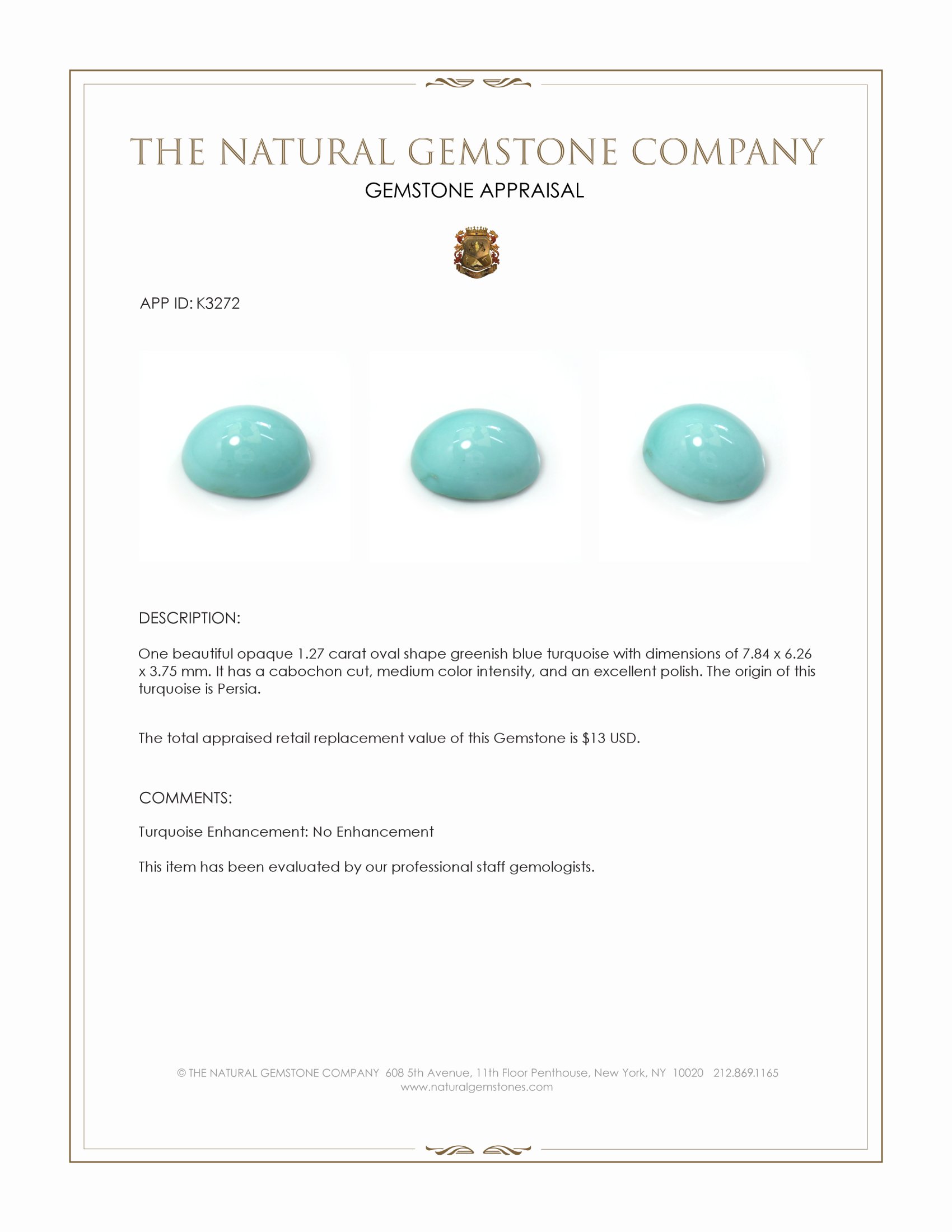 1.27 Ct. Cabochon Turquoise from Persia