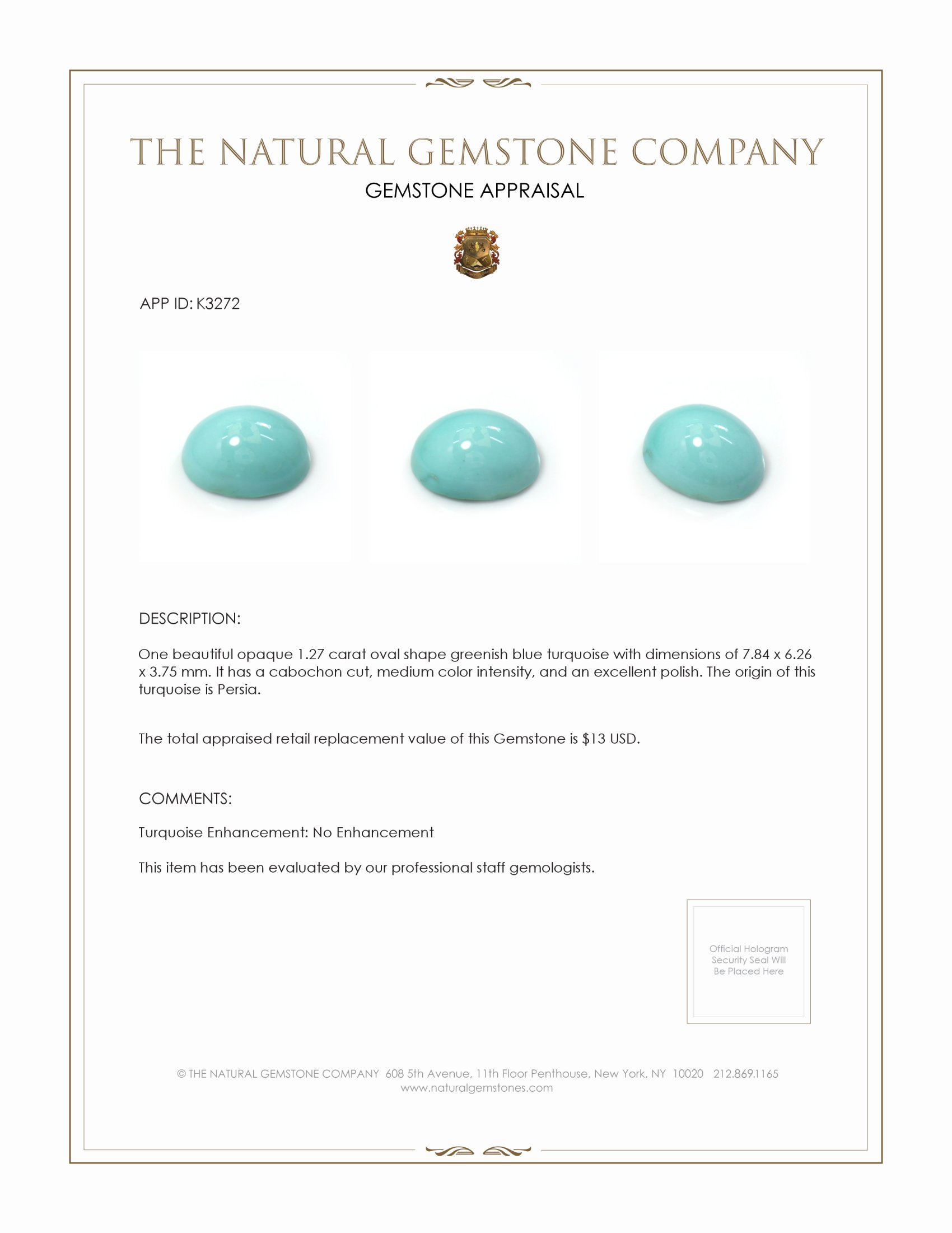 1.27 Ct. Cabochon Turquoise from Persia