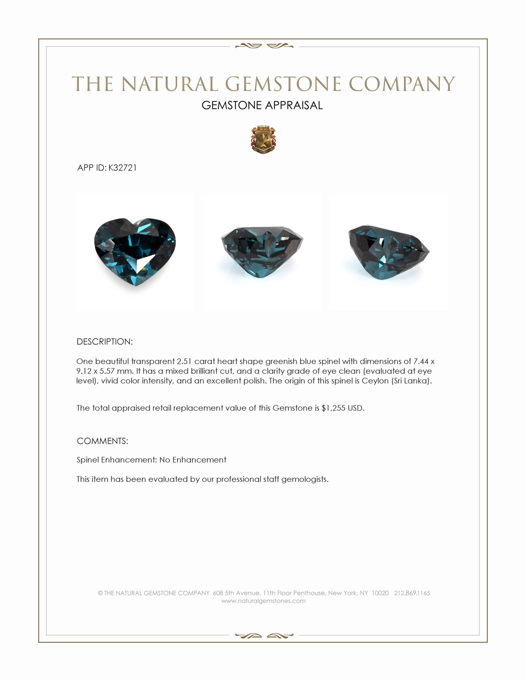2.51 Ct. Greenish Blue Spinel from Ceylon (Sri Lanka)