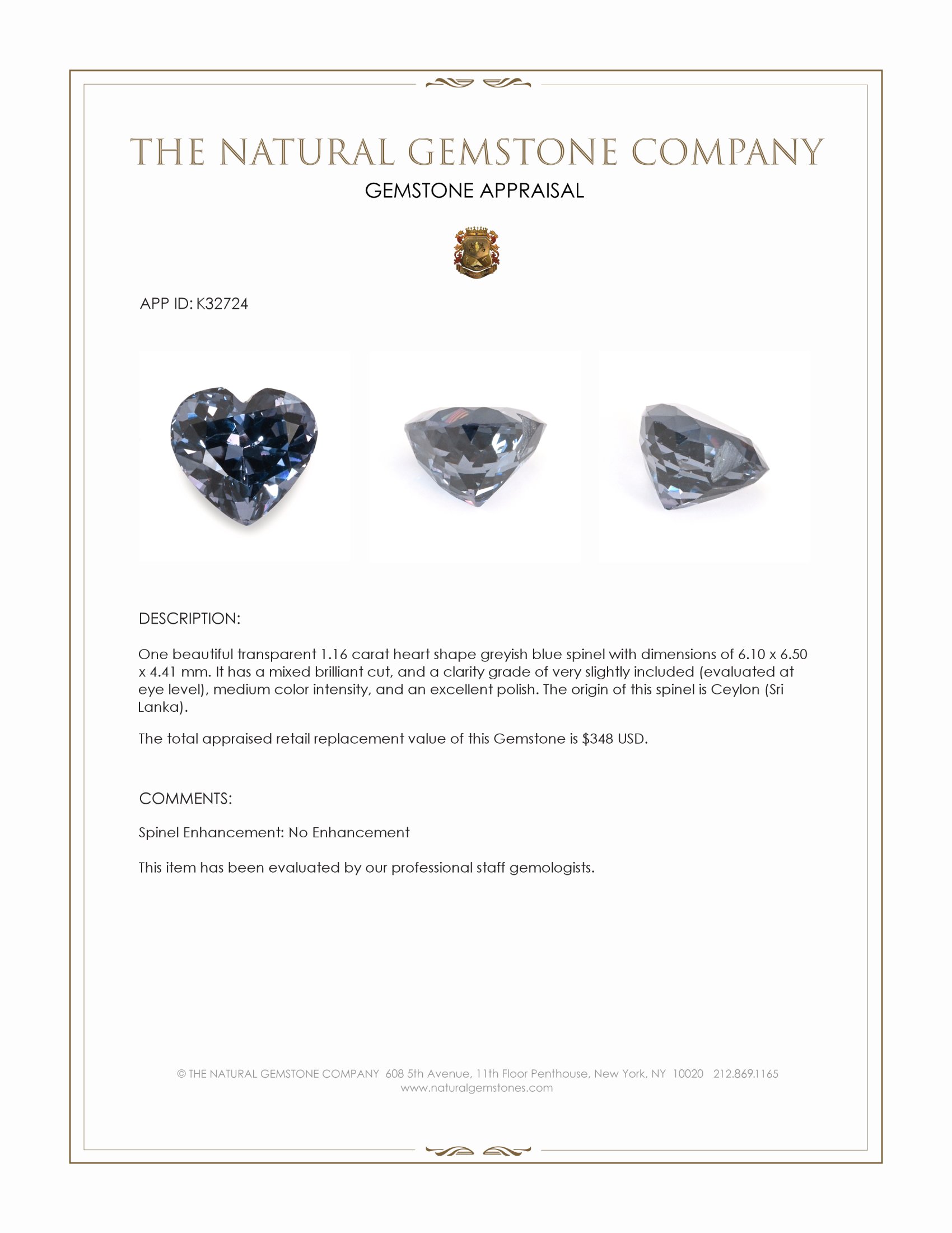 1.16 Ct. Greyish Blue Spinel from Ceylon (Sri Lanka)