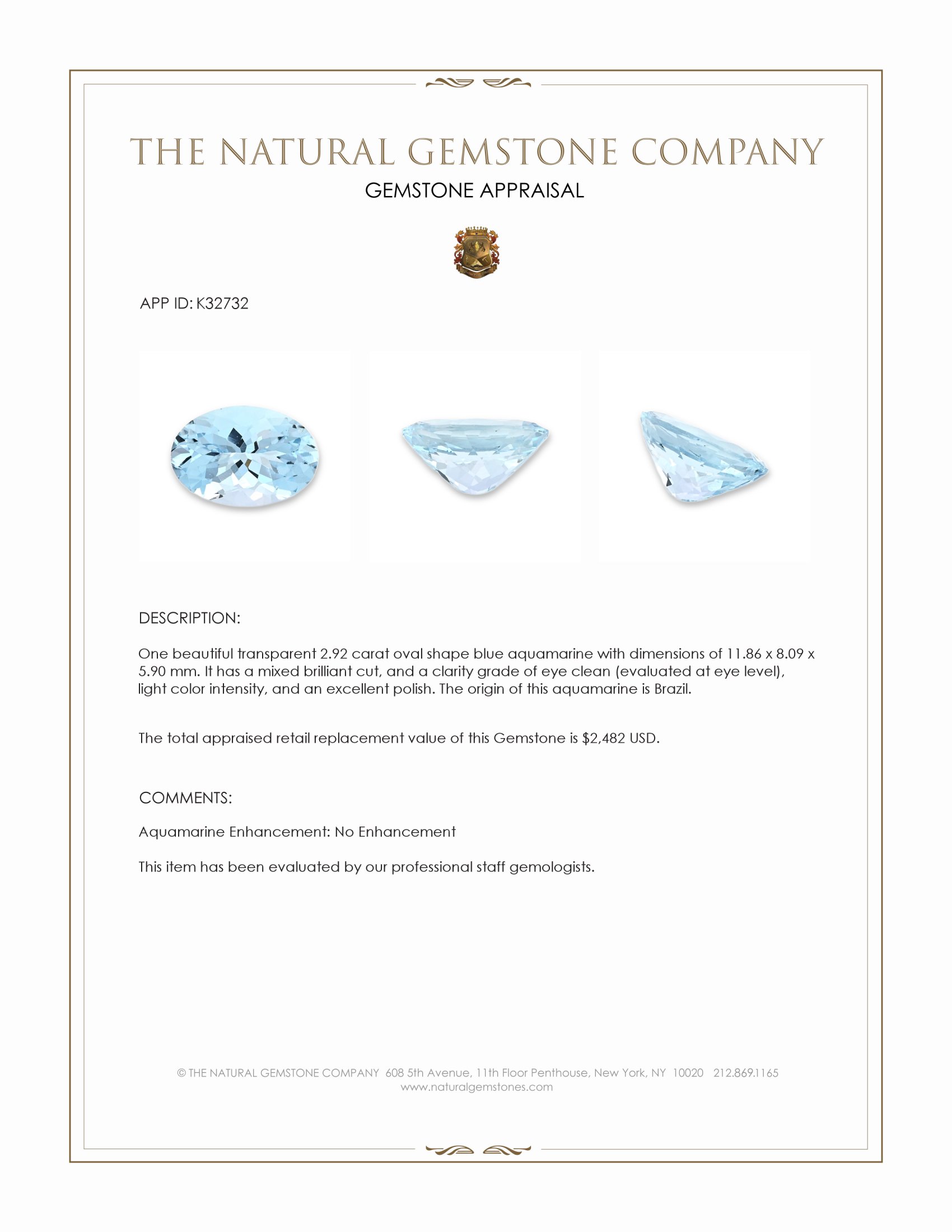 2.92 Ct. Blue Aquamarine from Brazil