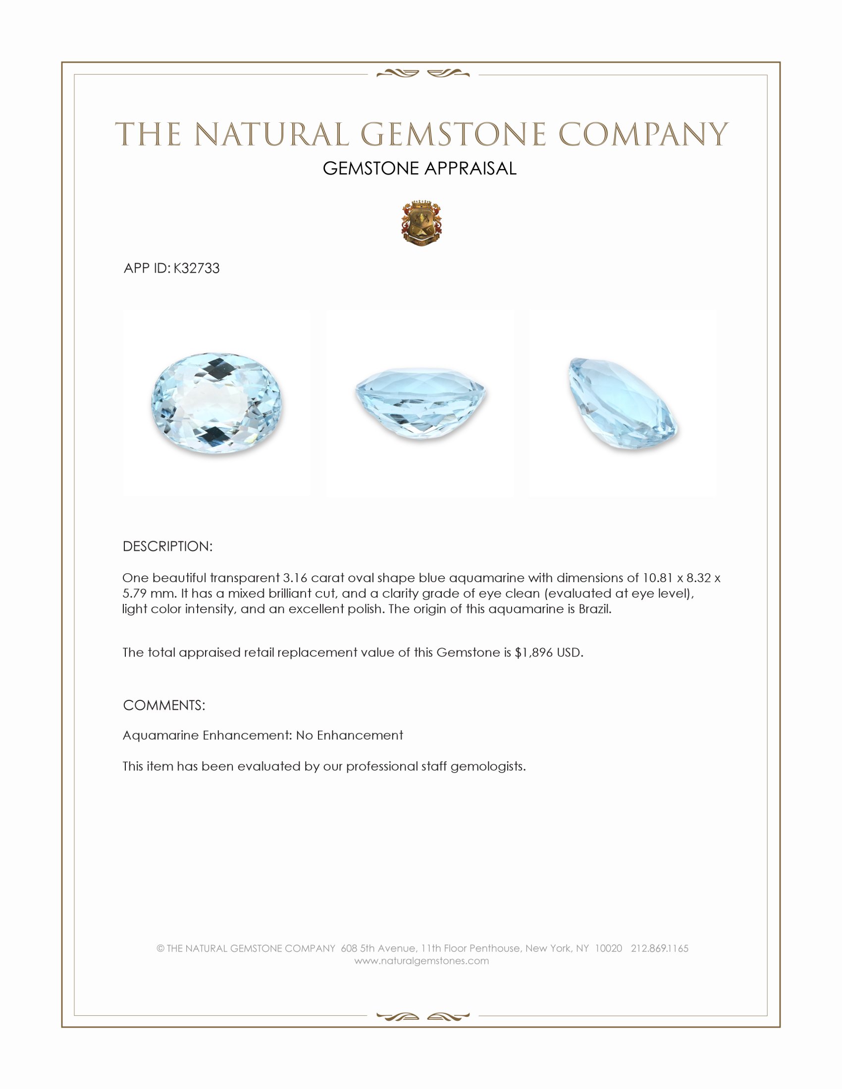 3.16 Ct. Blue Aquamarine from Brazil