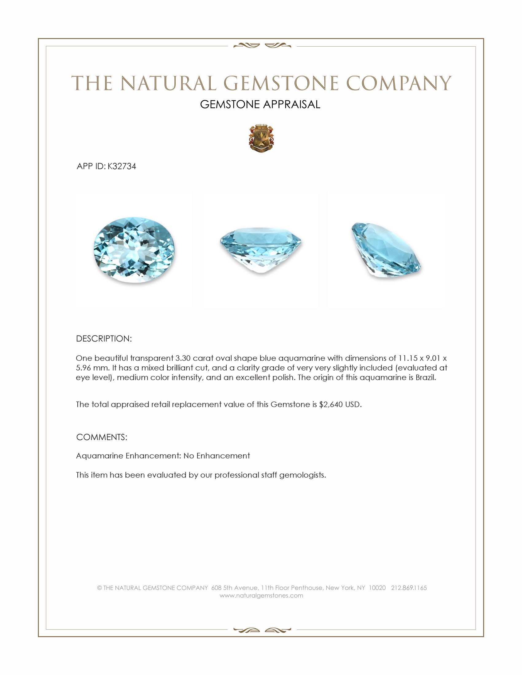 3.30 Ct. Blue Aquamarine from Brazil