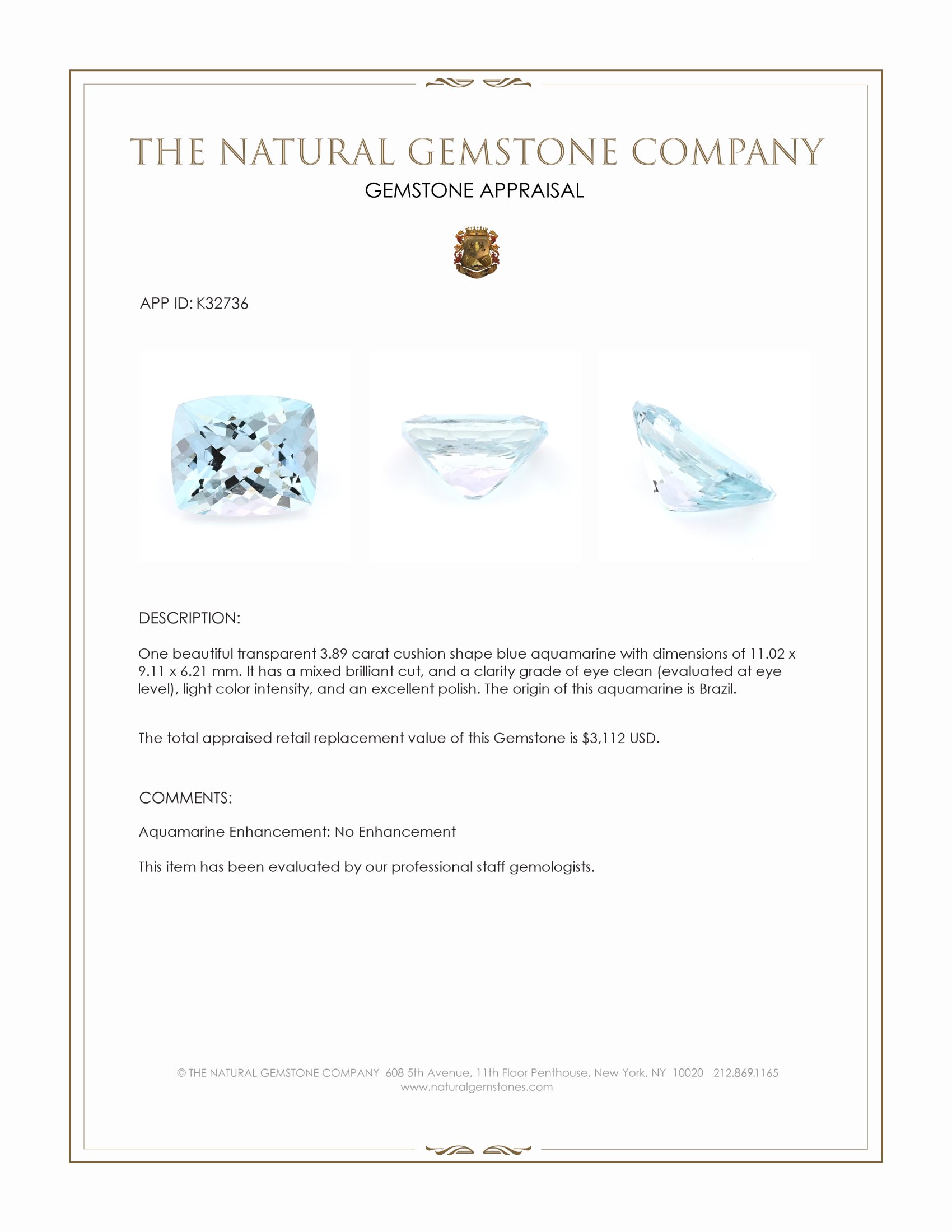 3.89 Ct. Blue Aquamarine from Brazil