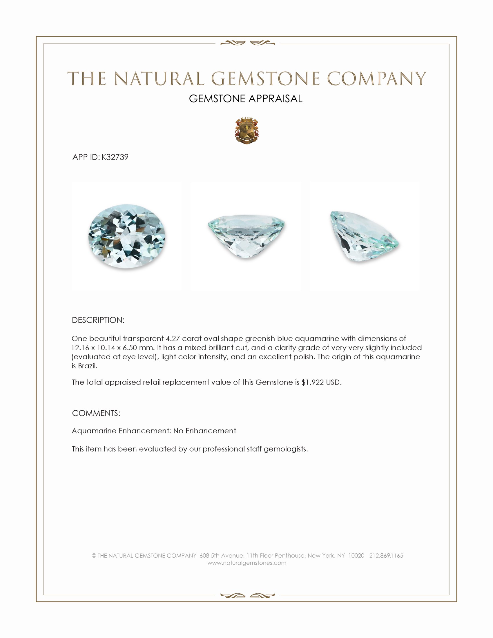 4.27 Ct. Greenish Blue Aquamarine from Brazil