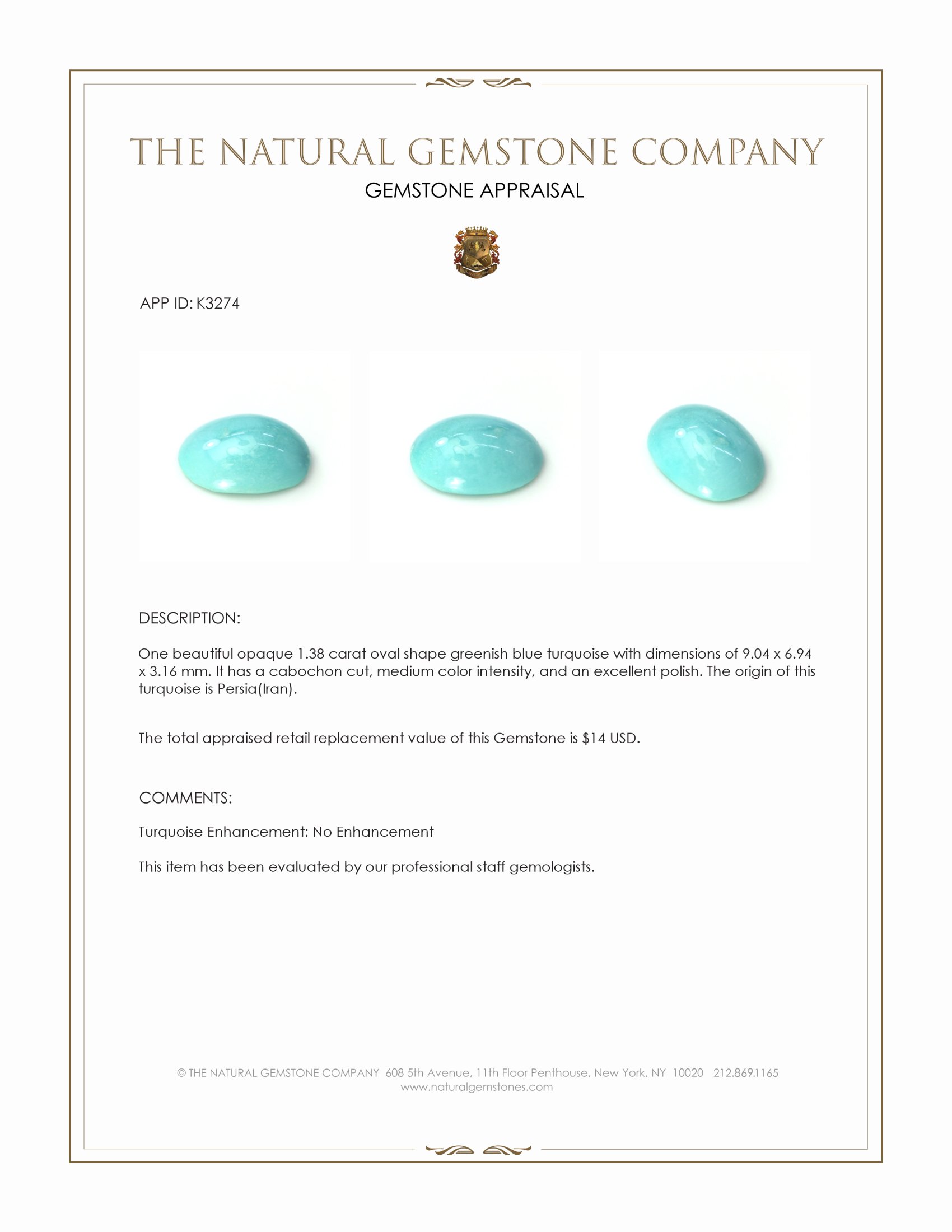 1.38 Ct. Greenish Blue Cabochon Turquoise from Persia(Iran)