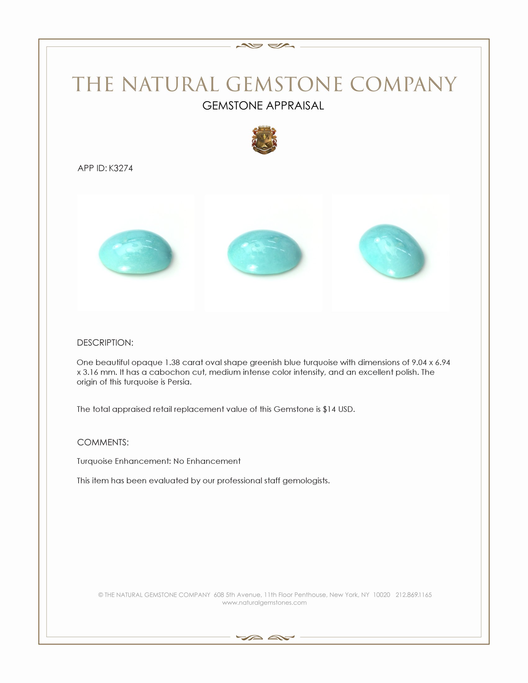 1.38 Ct. Cabochon Turquoise from Persia