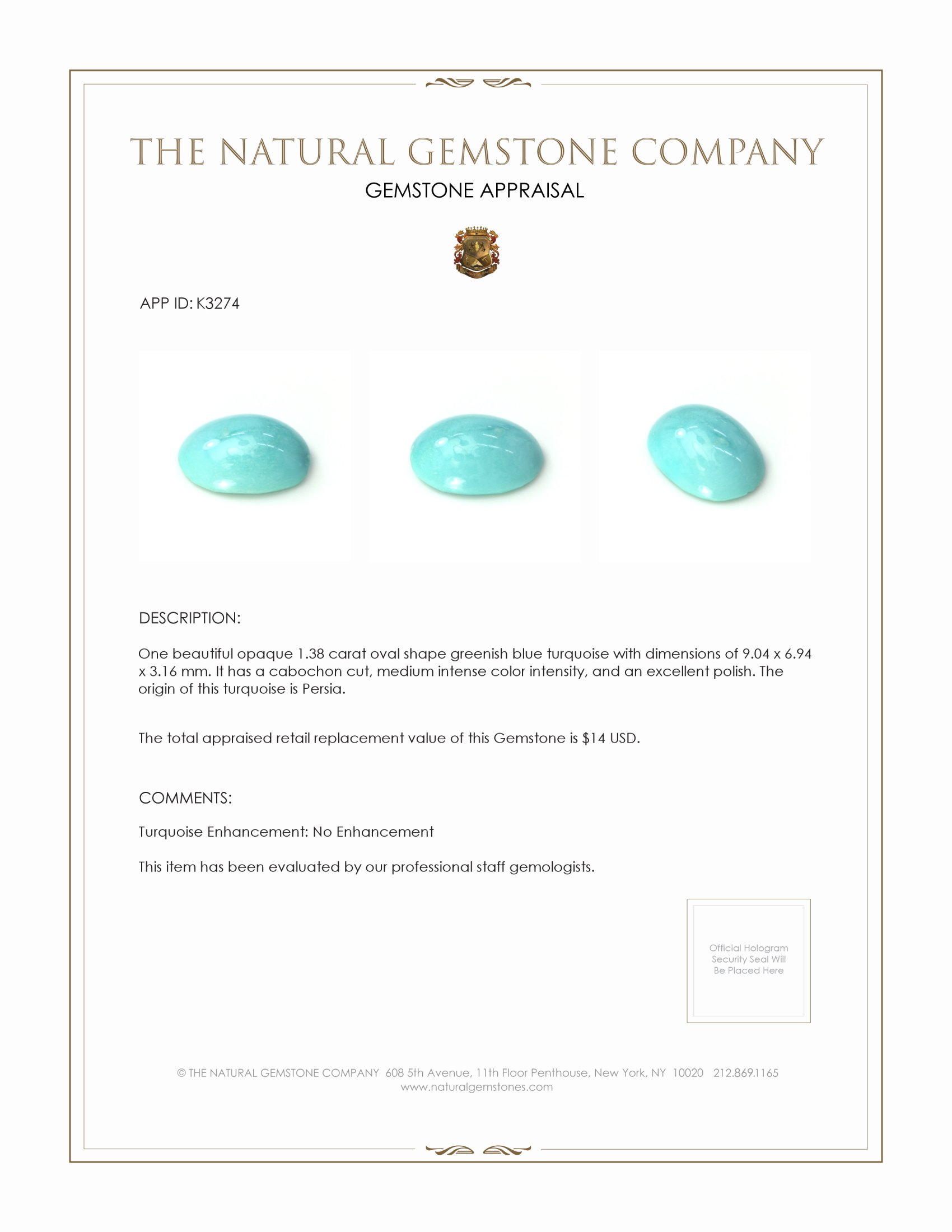 1.38 Ct. Cabochon Turquoise from Persia