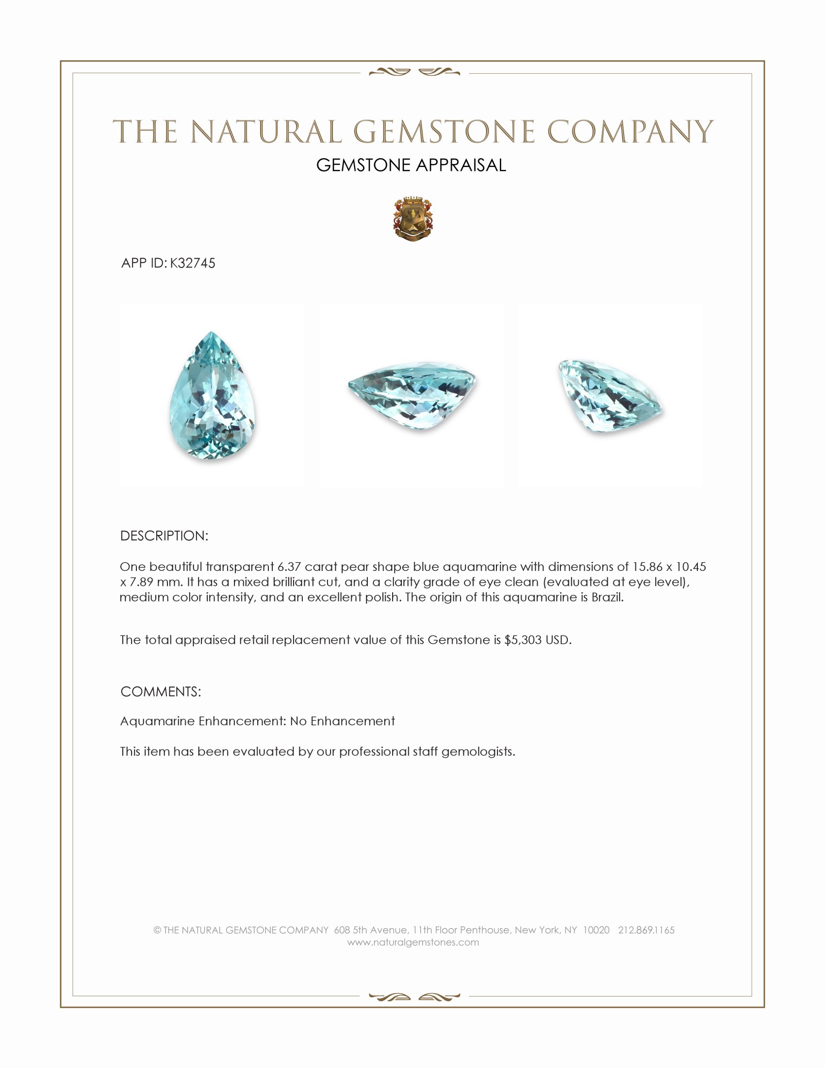 6.37 Ct. Blue Aquamarine from Brazil