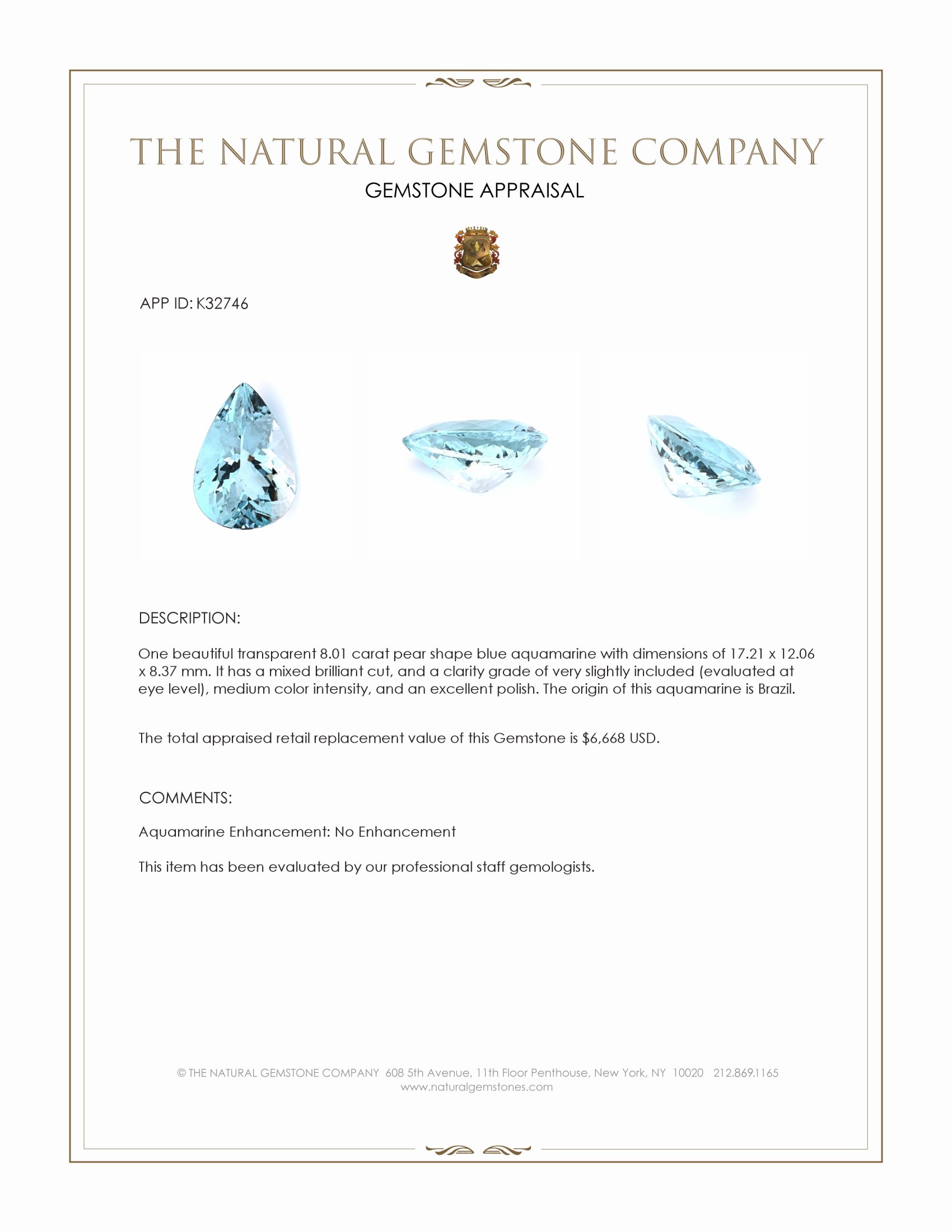 8.01 Ct. Blue Aquamarine from Brazil