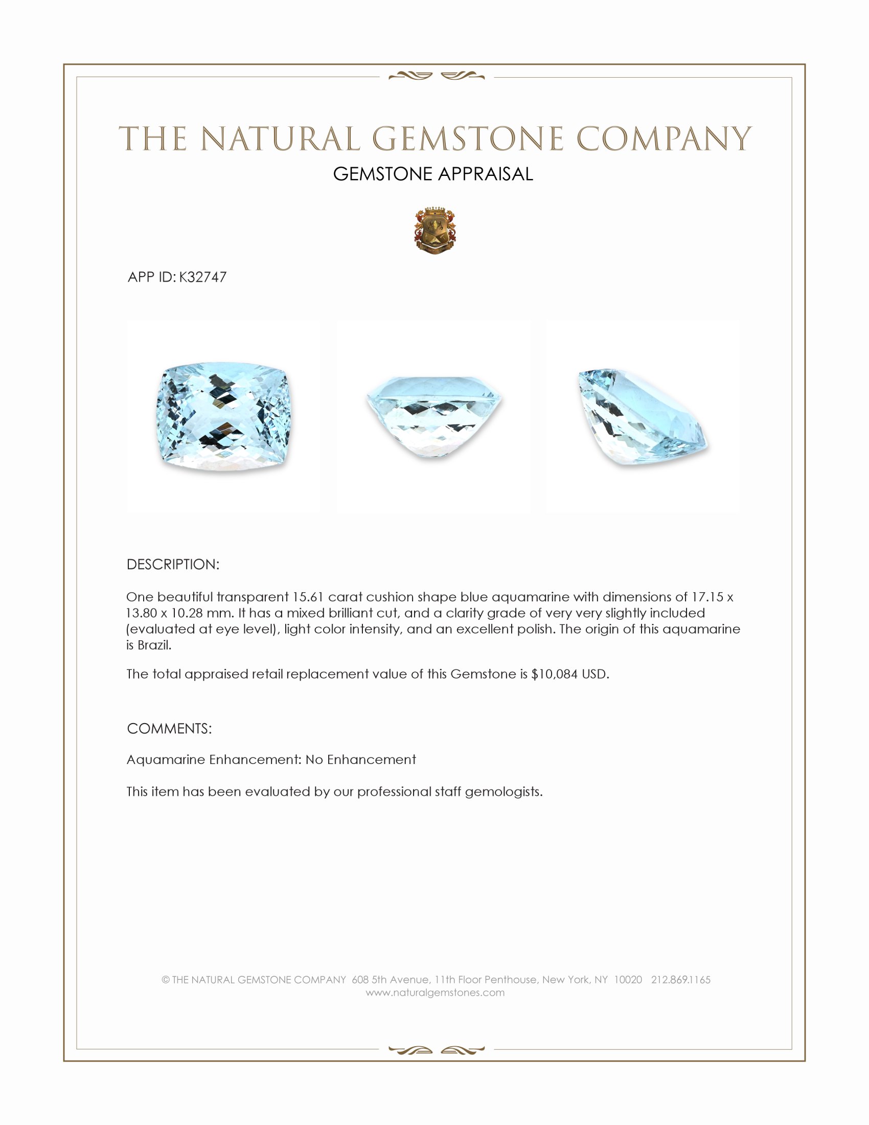 15.61 Ct. Blue Aquamarine from Brazil