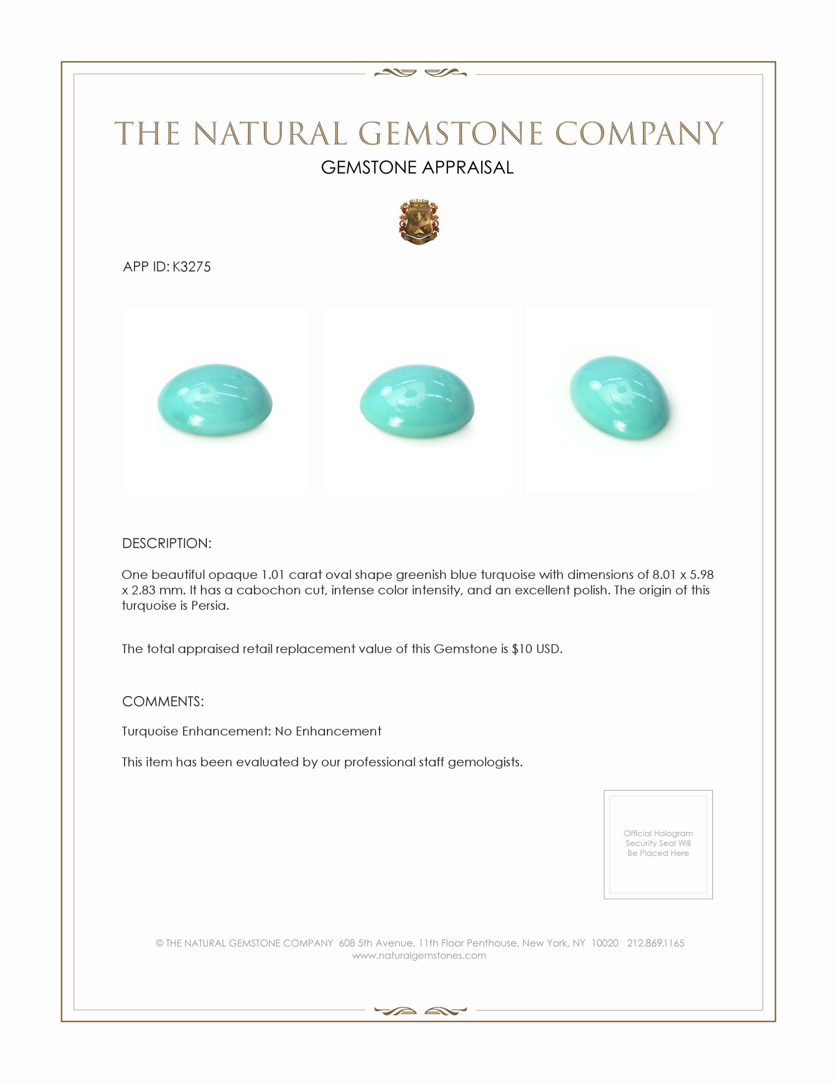 1.01 Ct. Cabochon Turquoise from Persia