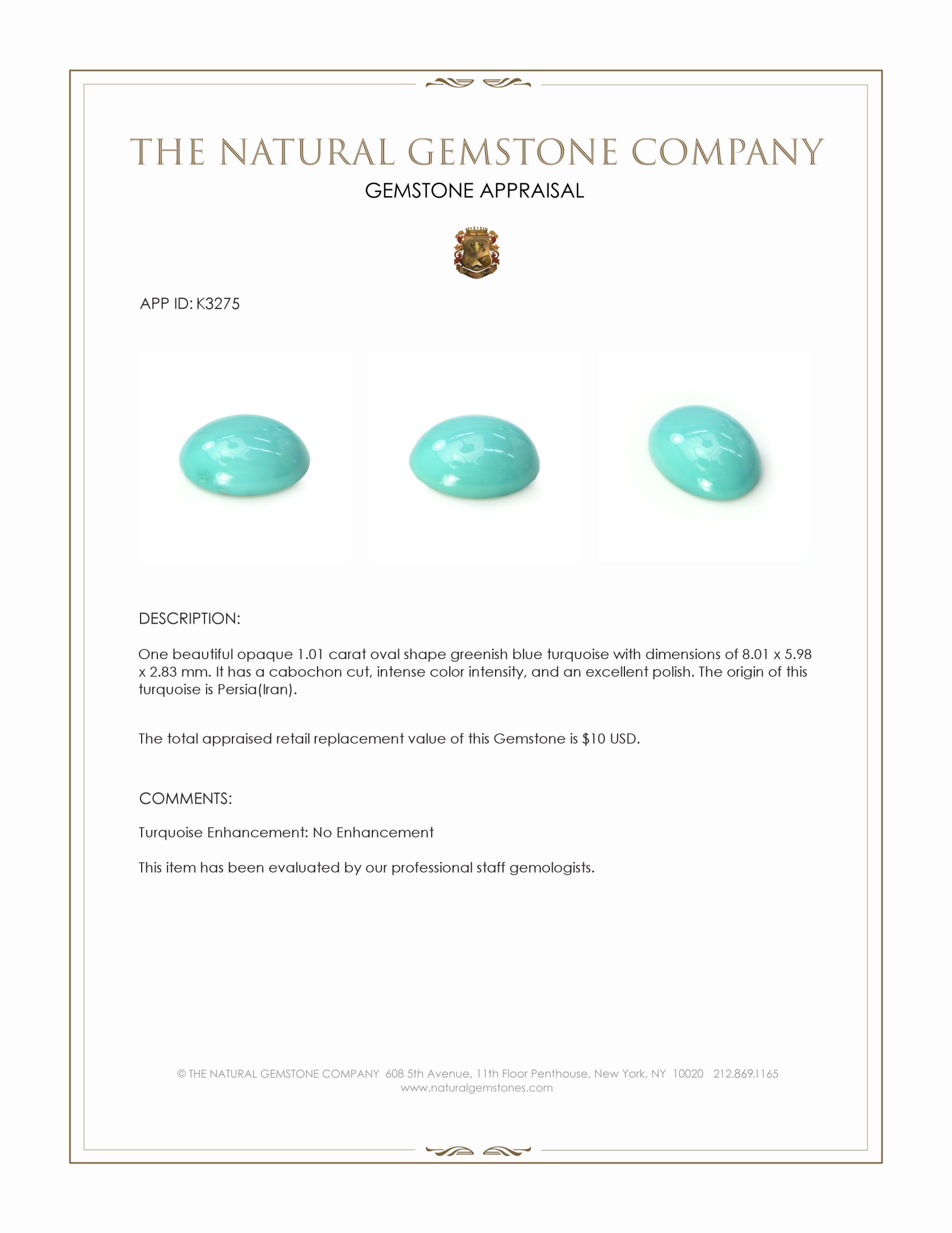1.01 Ct. Greenish Blue Cabochon Turquoise from Persia(Iran)