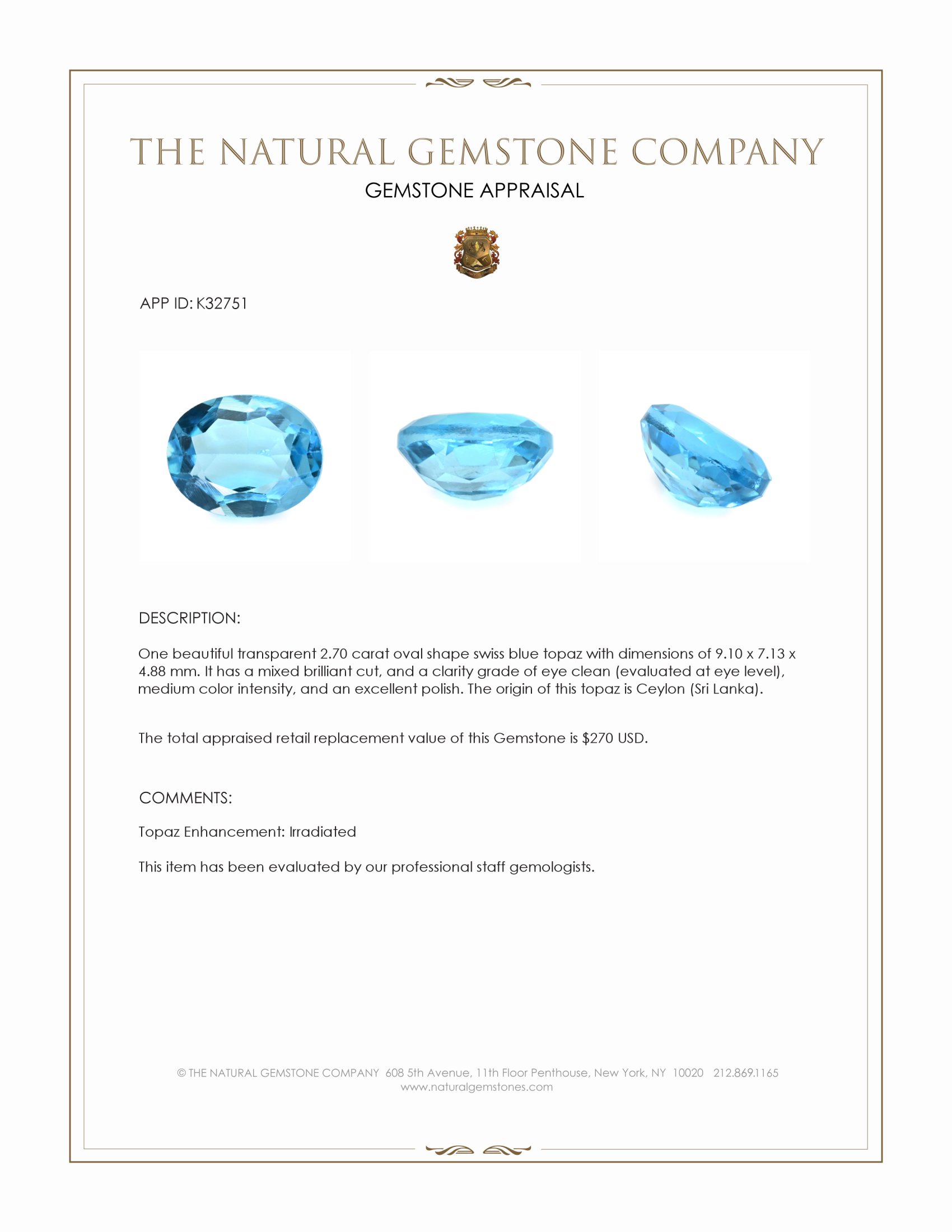 2.70 Ct. Swiss Blue Topaz from Ceylon (Sri Lanka)