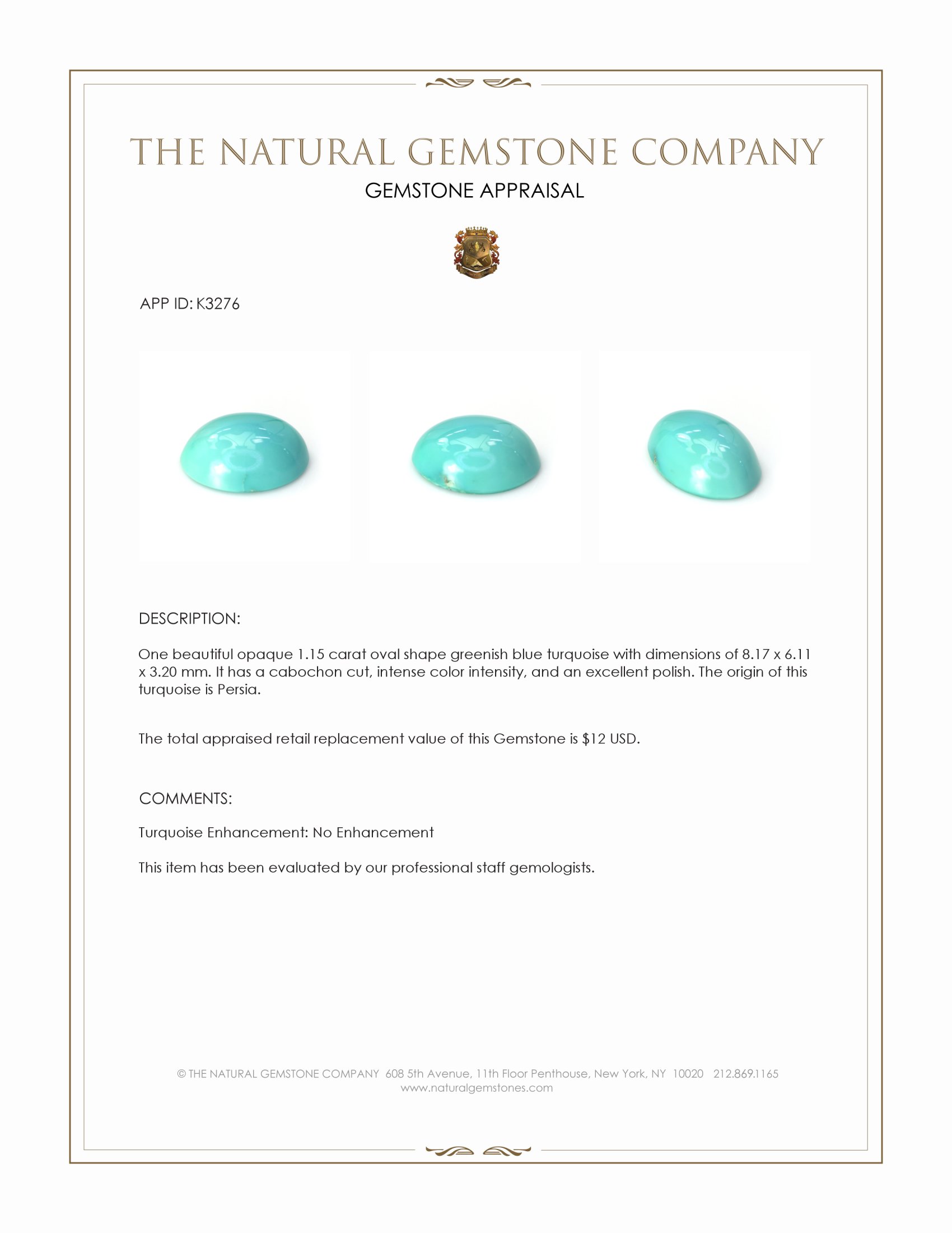 1.15 Ct. Cabochon Turquoise from Persia