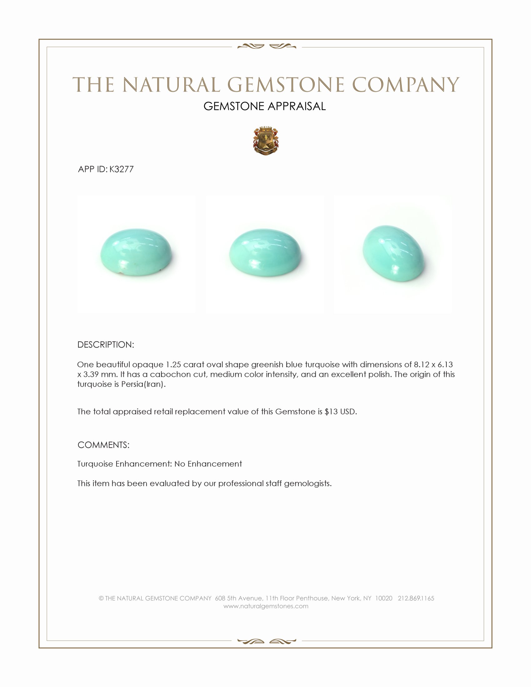 1.25 Ct. Greenish Blue Cabochon Turquoise from Persia(Iran)