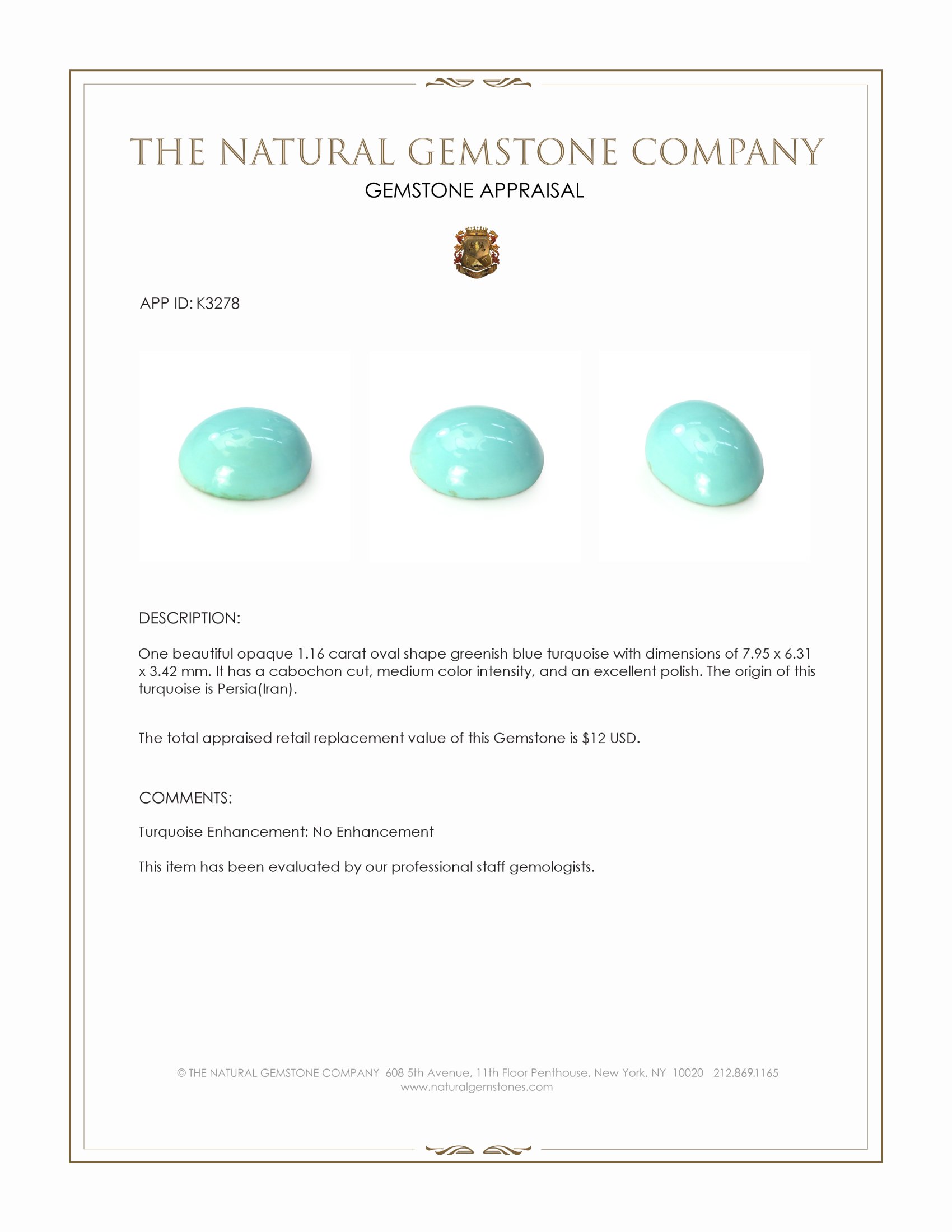 1.16 Ct. Cabochon Turquoise from Persia(Iran)