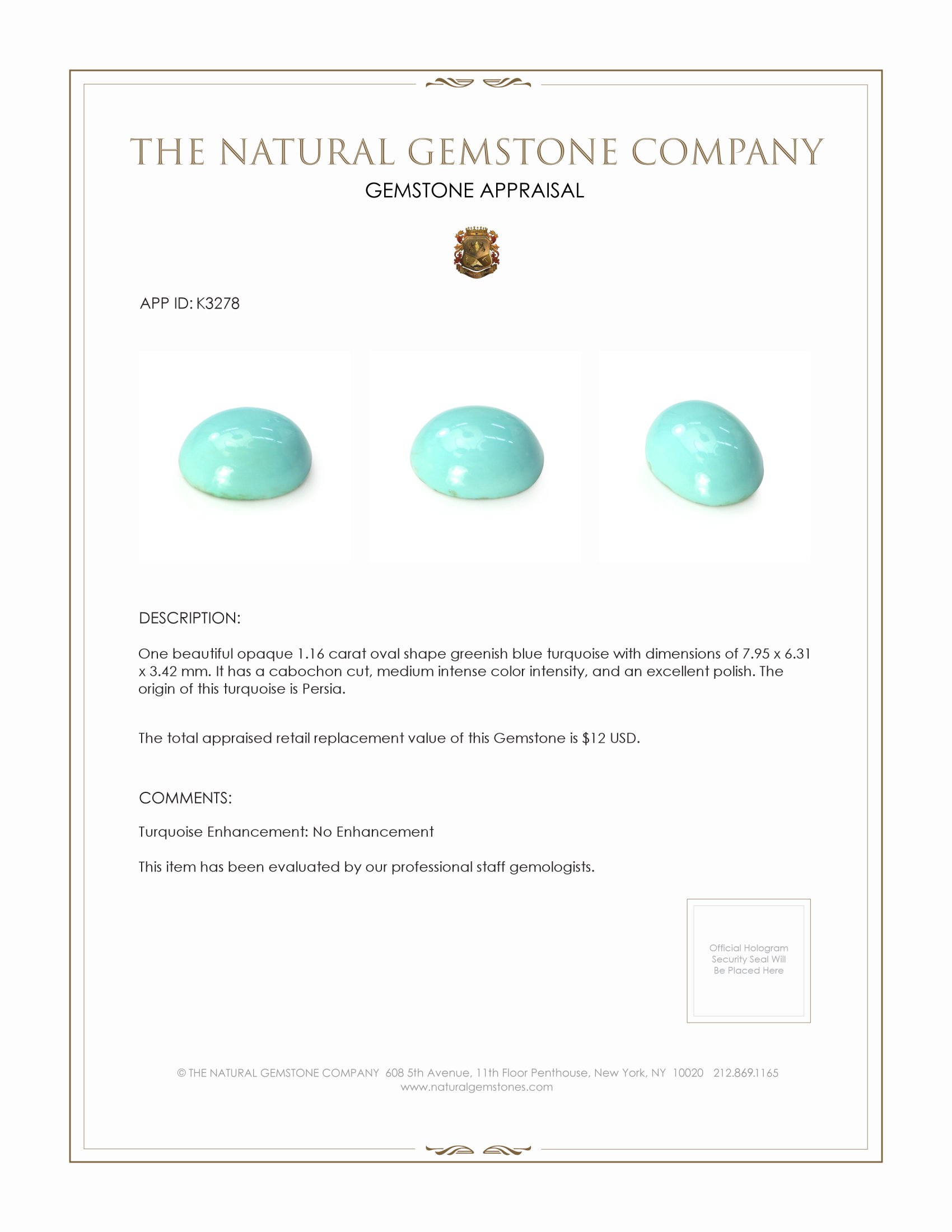 1.16 Ct. Cabochon Turquoise from Persia