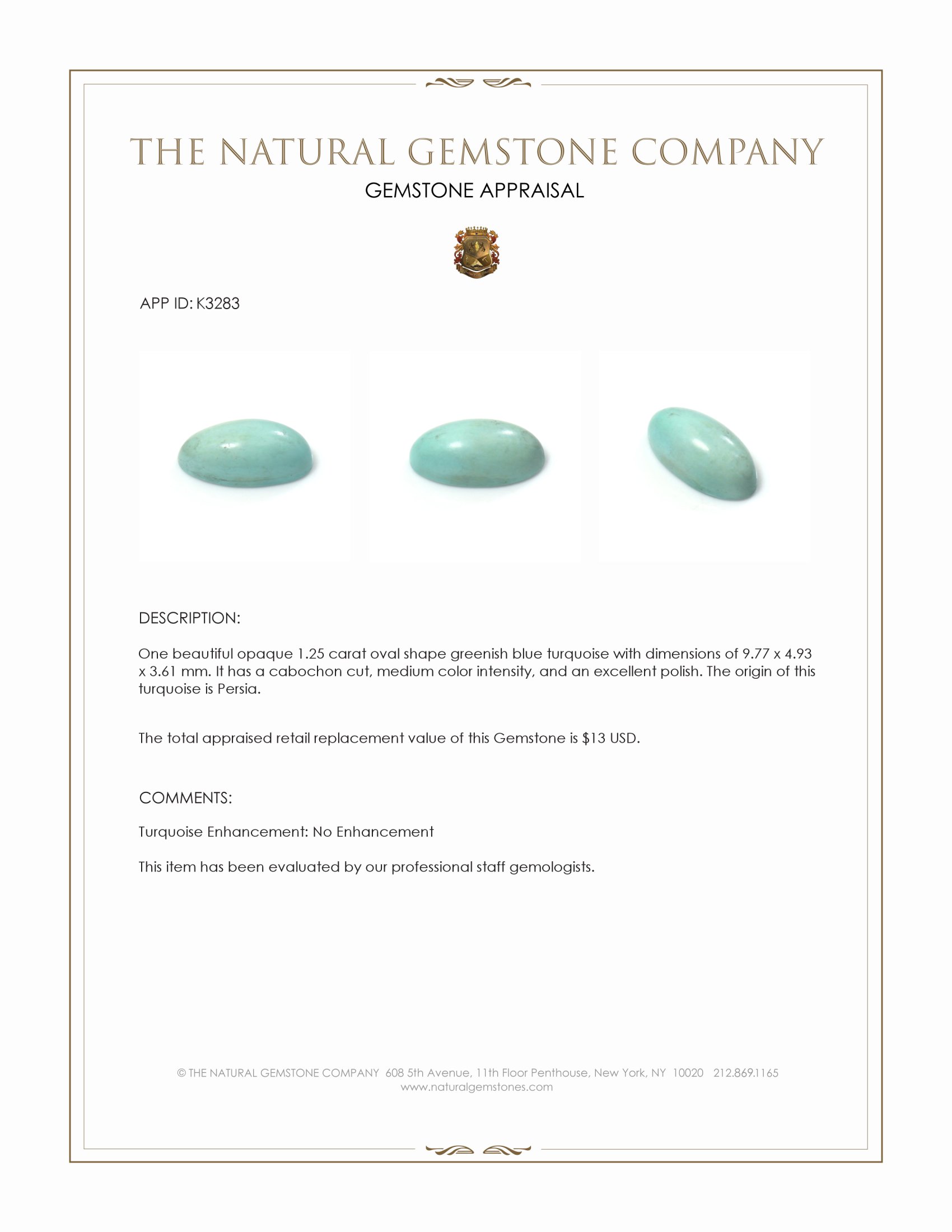 1.25 Ct. Cabochon Turquoise from Persia