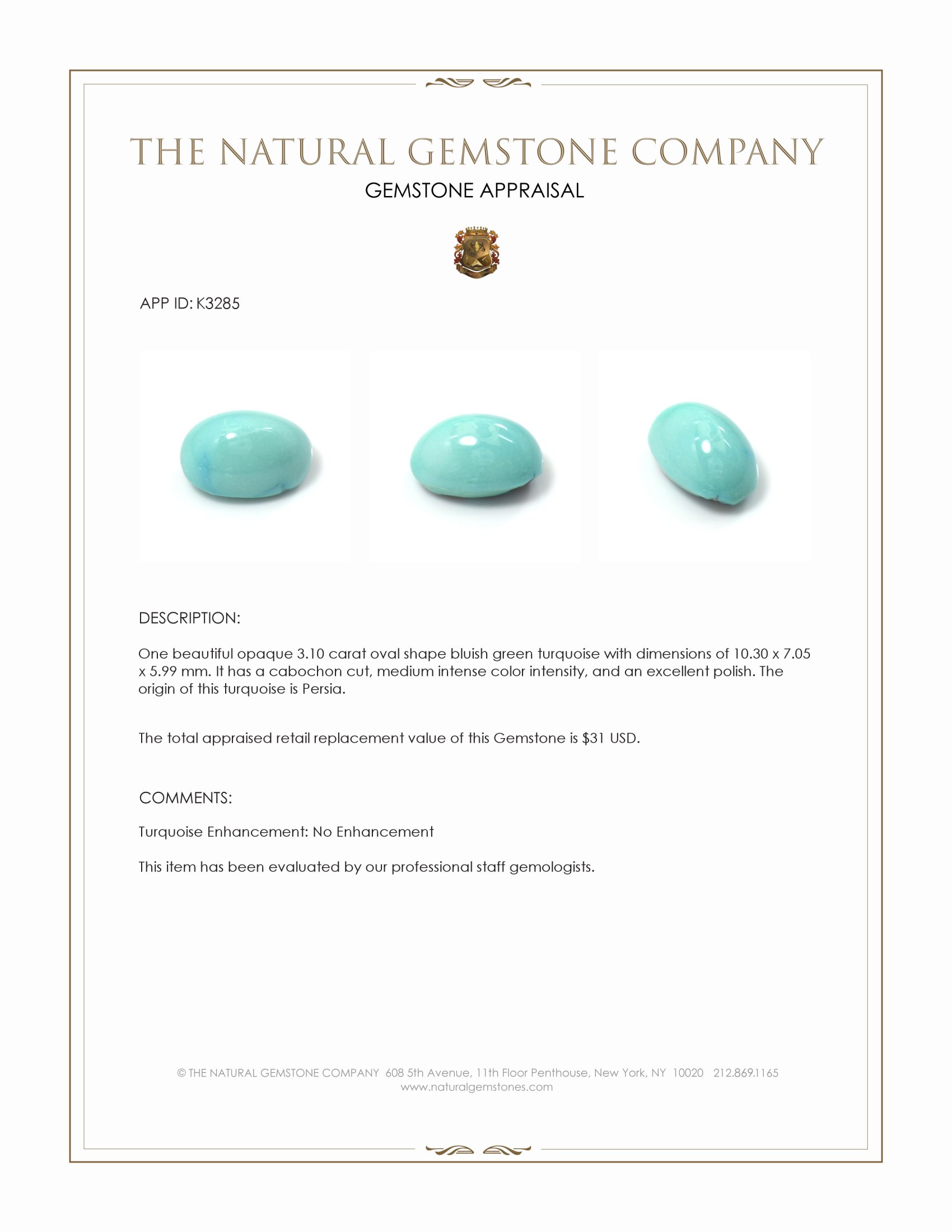 3.10 Ct. Cabochon Turquoise from Persia