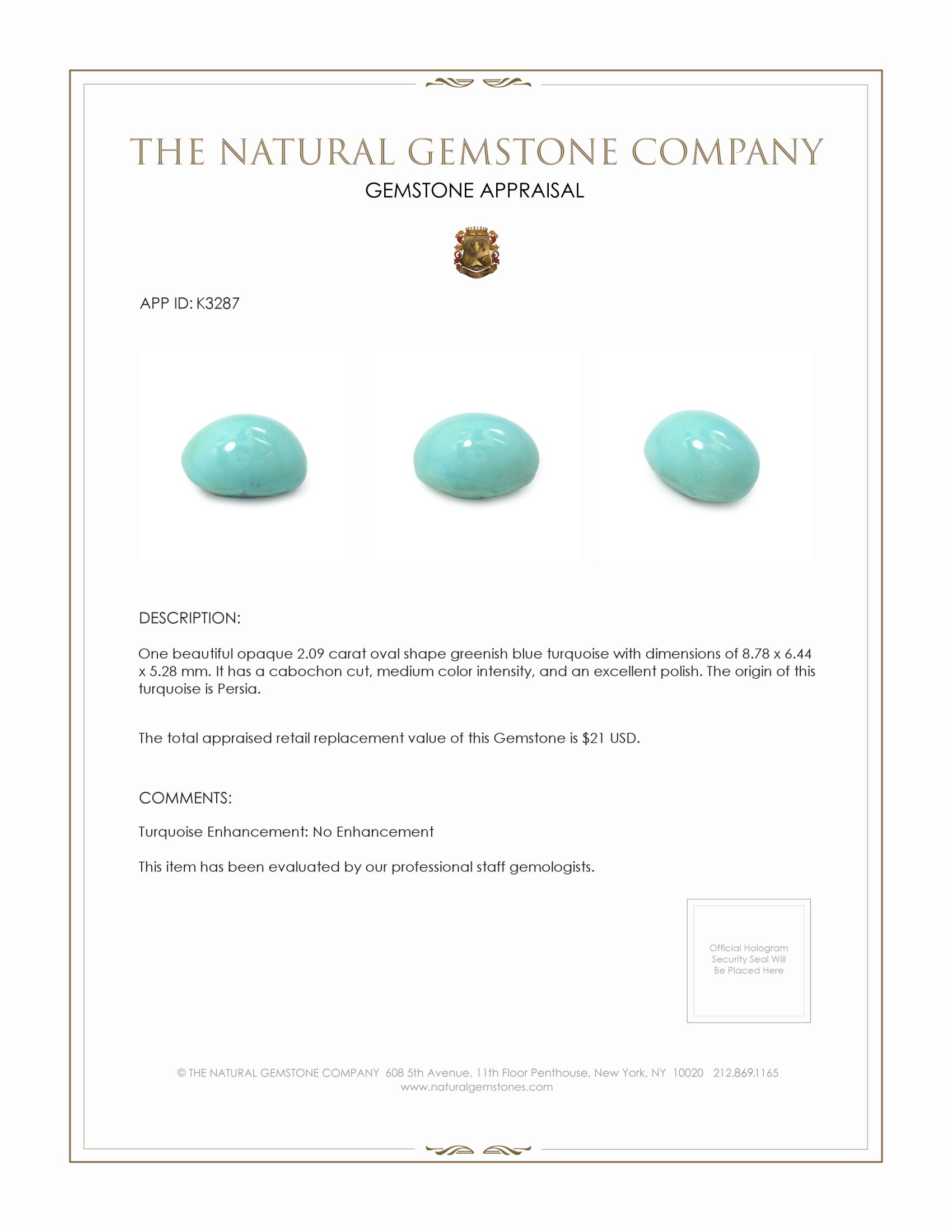 2.09 Ct. Cabochon Turquoise from Persia