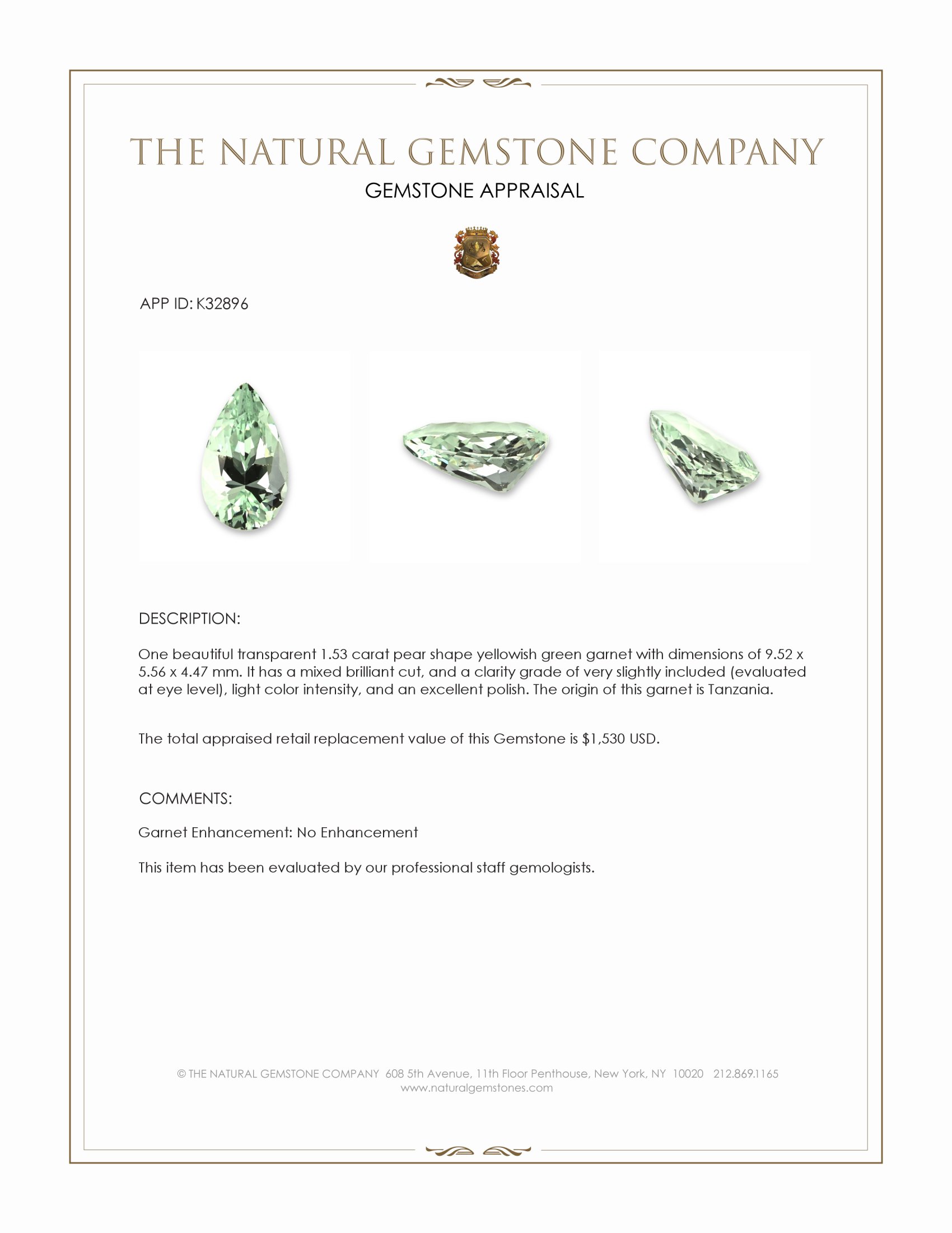 1.53 Ct. Yellowish Green Garnet from Tanzania