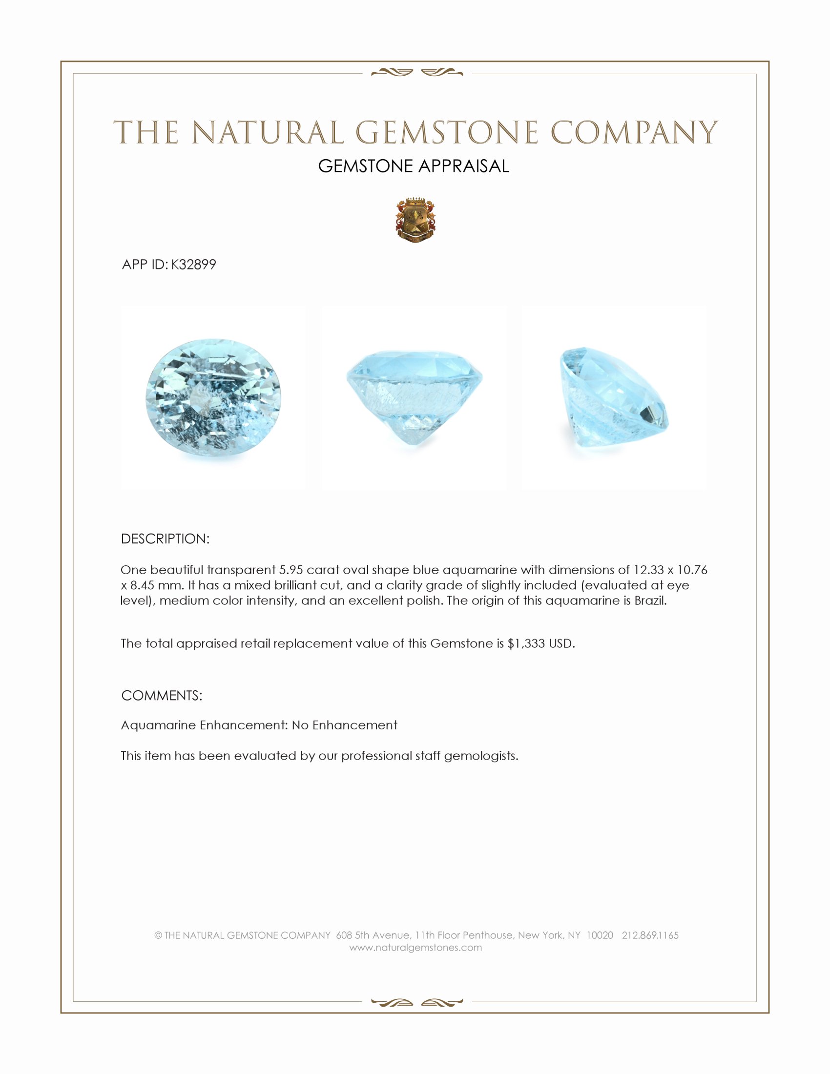 5.95 Ct. Blue Aquamarine from Brazil