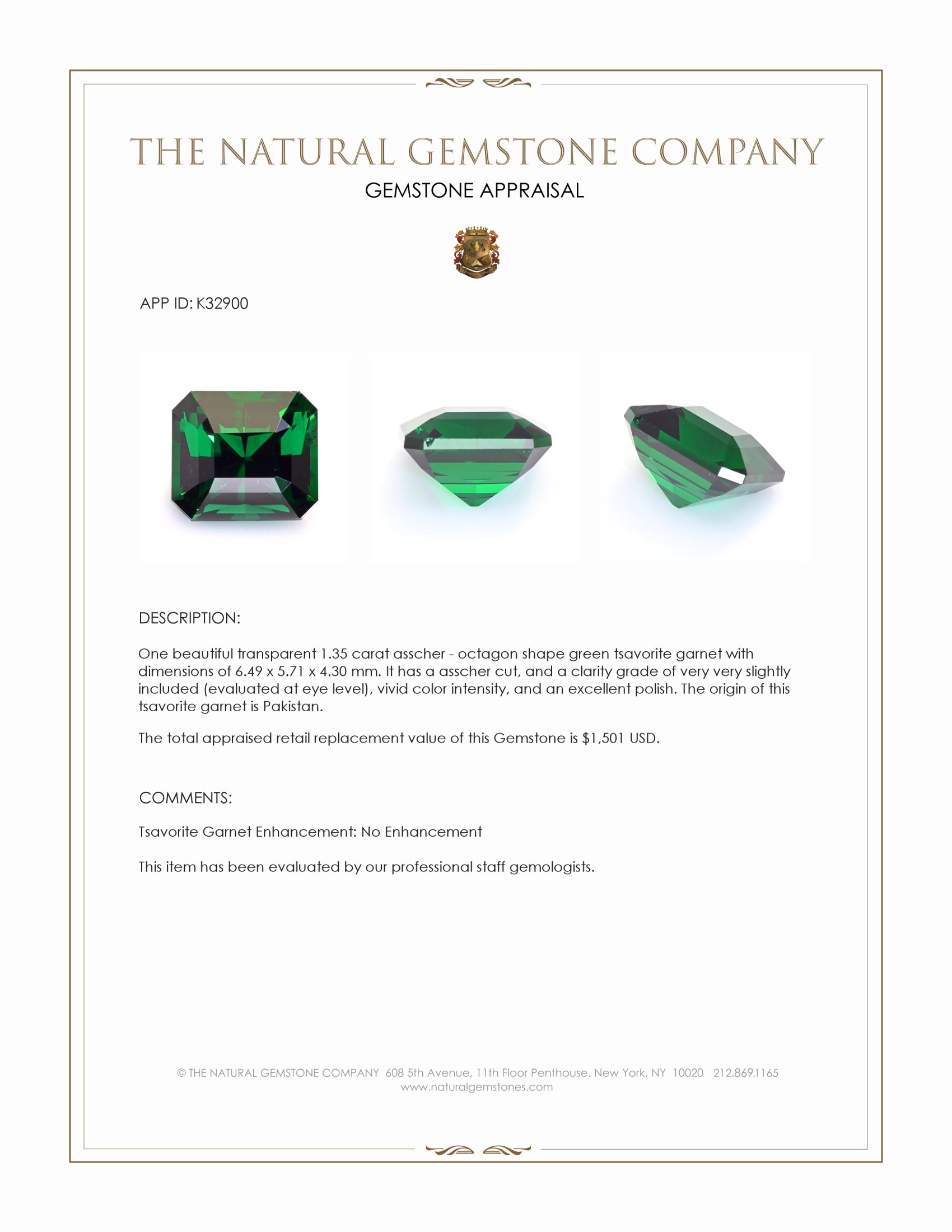 1.35 Ct. Tsavorite Garnet from Pakistan