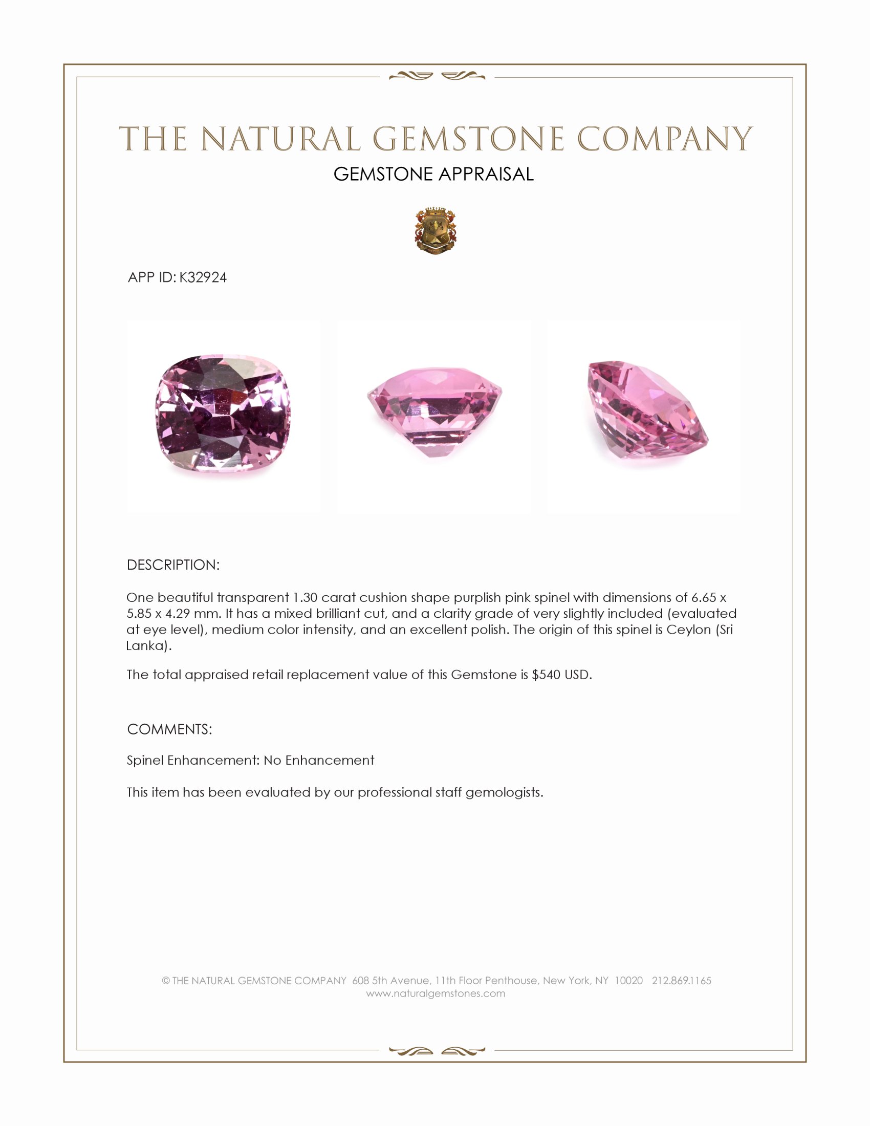 1.30 Ct. Purplish Pink Spinel from Ceylon (Sri Lanka)