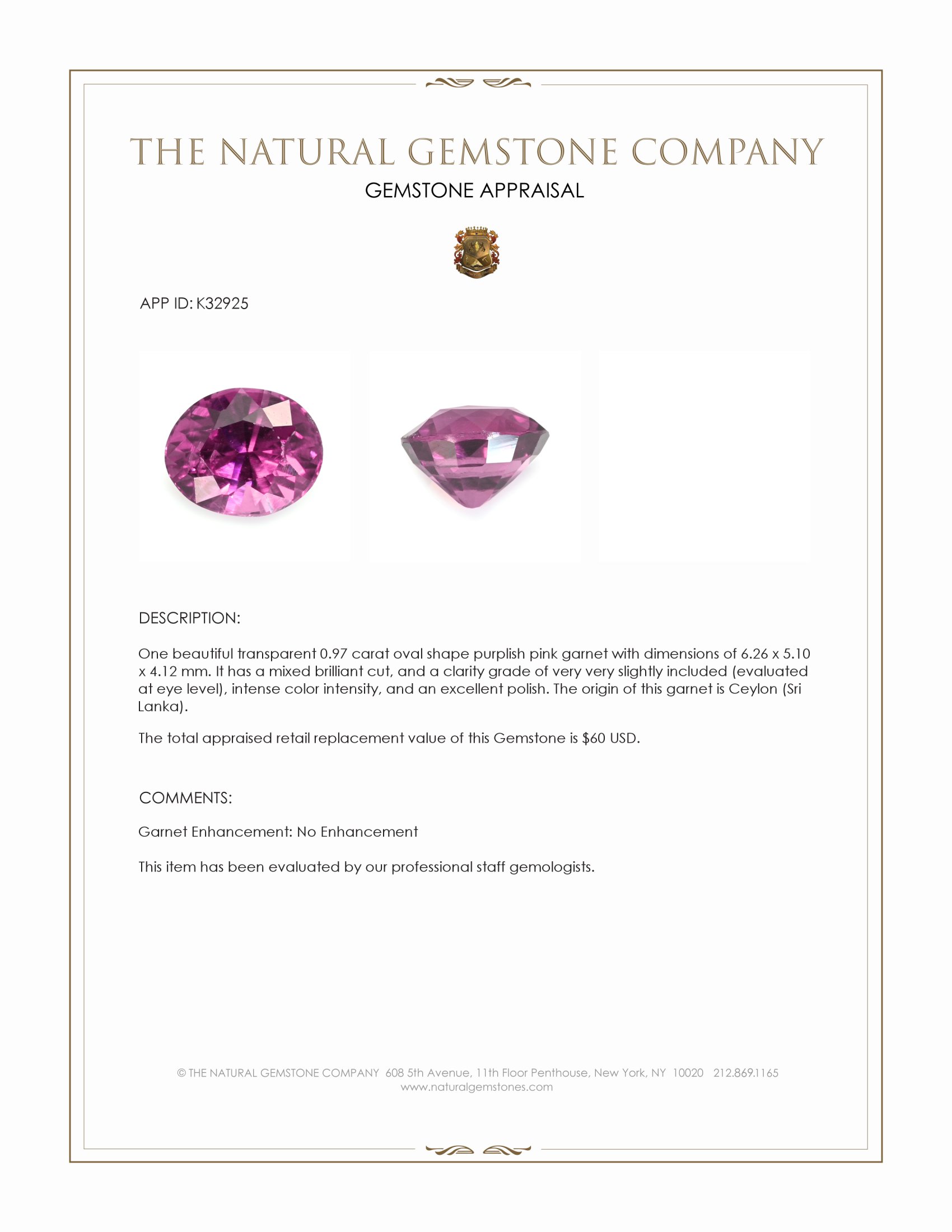 0.97 Ct. Purplish Pink Garnet from Ceylon (Sri Lanka)