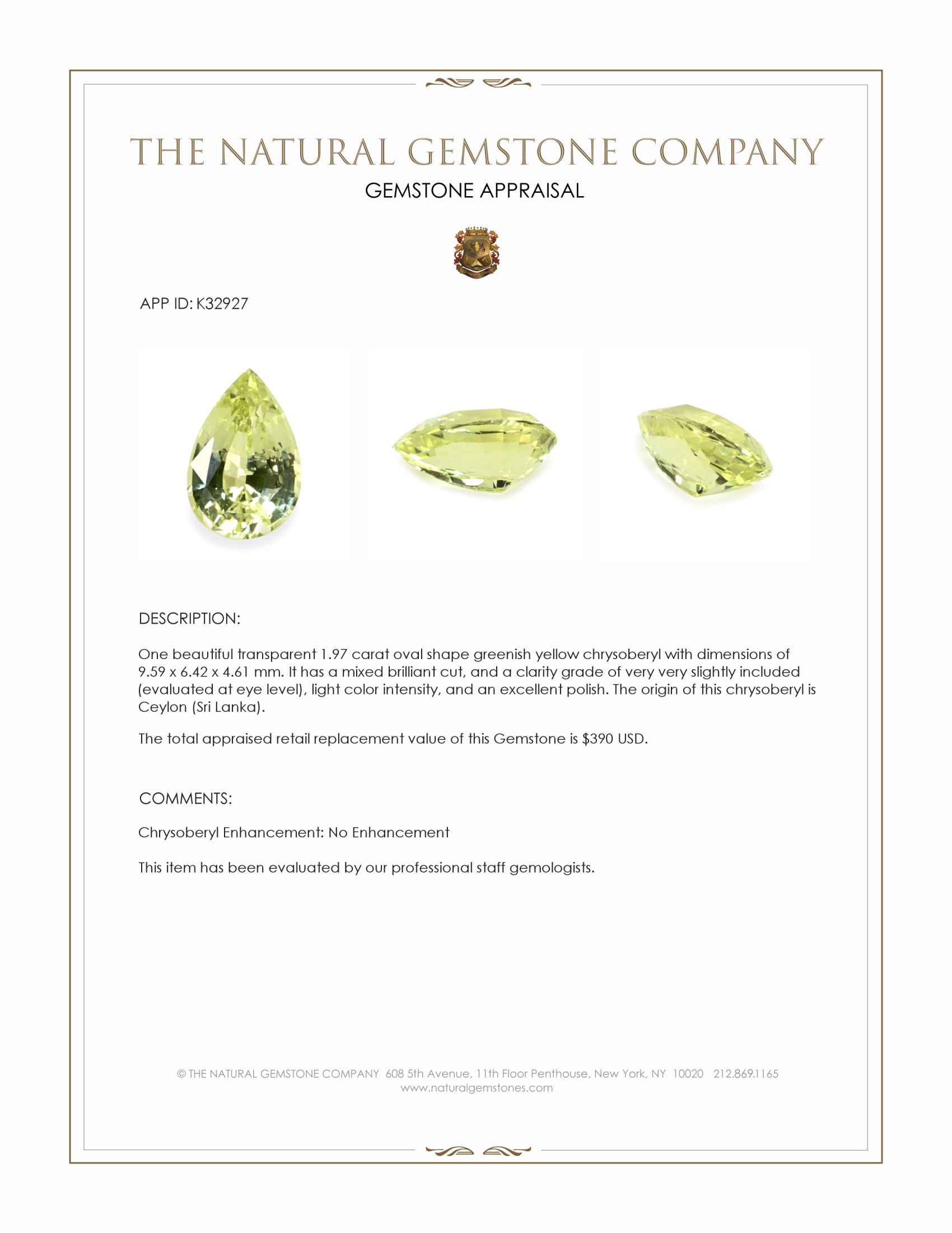 1.97 Ct. Greenish Yellow Chrysoberyl from Ceylon (Sri Lanka)