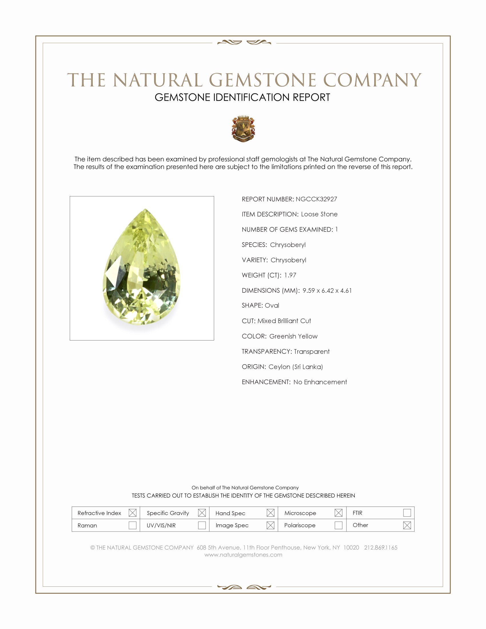 1.97 Ct. Greenish Yellow Chrysoberyl from Ceylon (Sri Lanka)