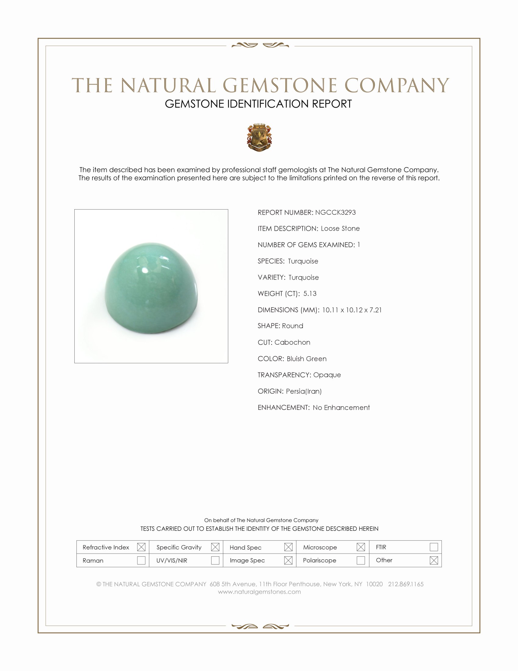 5.13 Ct. Bluish Green Cabochon Turquoise from Persia(Iran)