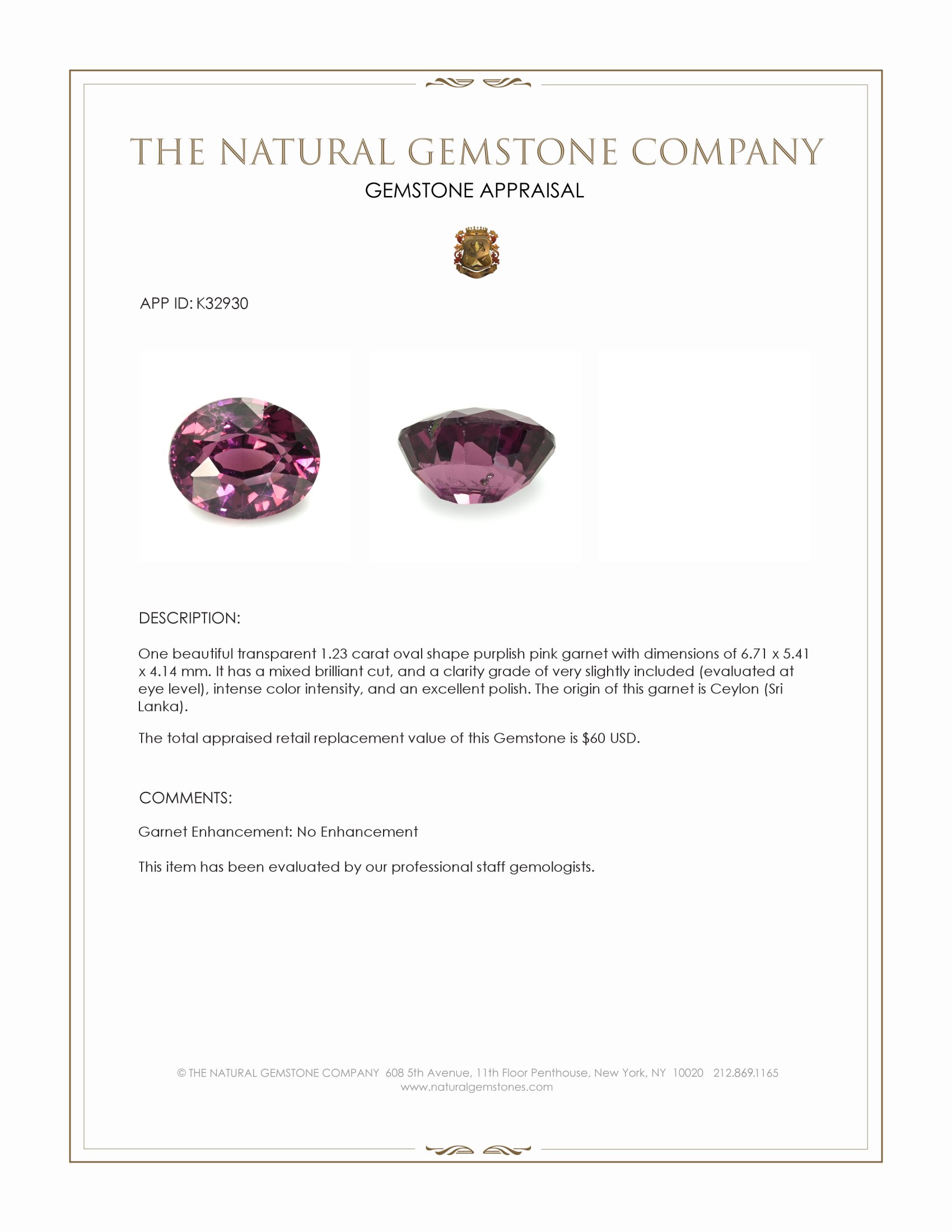 1.23 Ct. Purplish Pink Garnet from Ceylon (Sri Lanka)